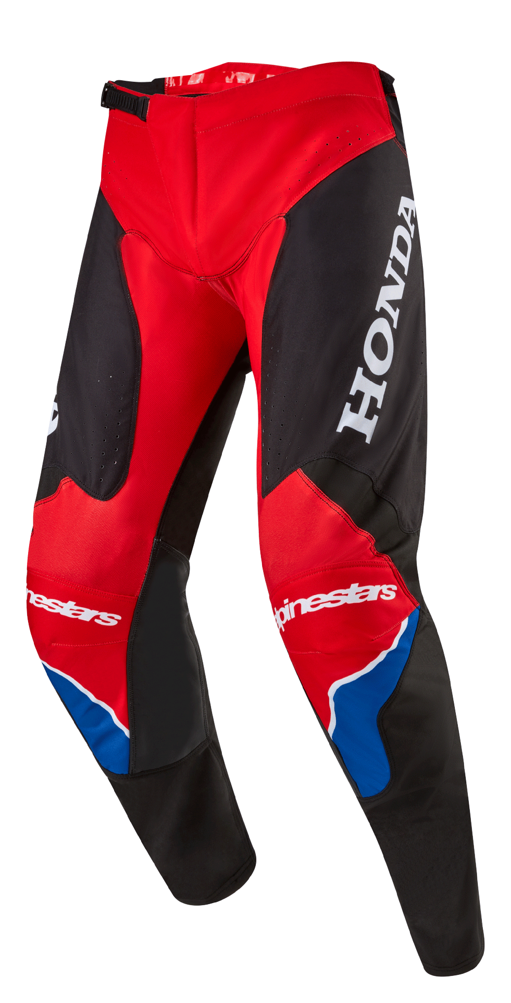 Alpinestars Honda Racer Iconic Hose, Motocross-Hose, Hellrot, Schwarz und Weiß mit blauen Akzenten, großes weißes HONDA-Logo auf dem Oberschenkel, Alpinestars-Branding an den Knien, ergonomisch vorgeformte Beinkonstruktion, verstellbarer Ratschenverschluss an der Taille.