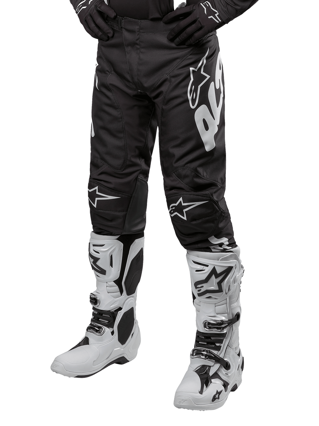 Alpinestars 2024 Racer Hana Hose, Motocross-Hose, Schwarz und Weiß mit weißen Logos, sportliche Passform, strapazierfähiges Design für Offroad-Rennsport, kombiniert mit weißen Motocross-Stiefeln