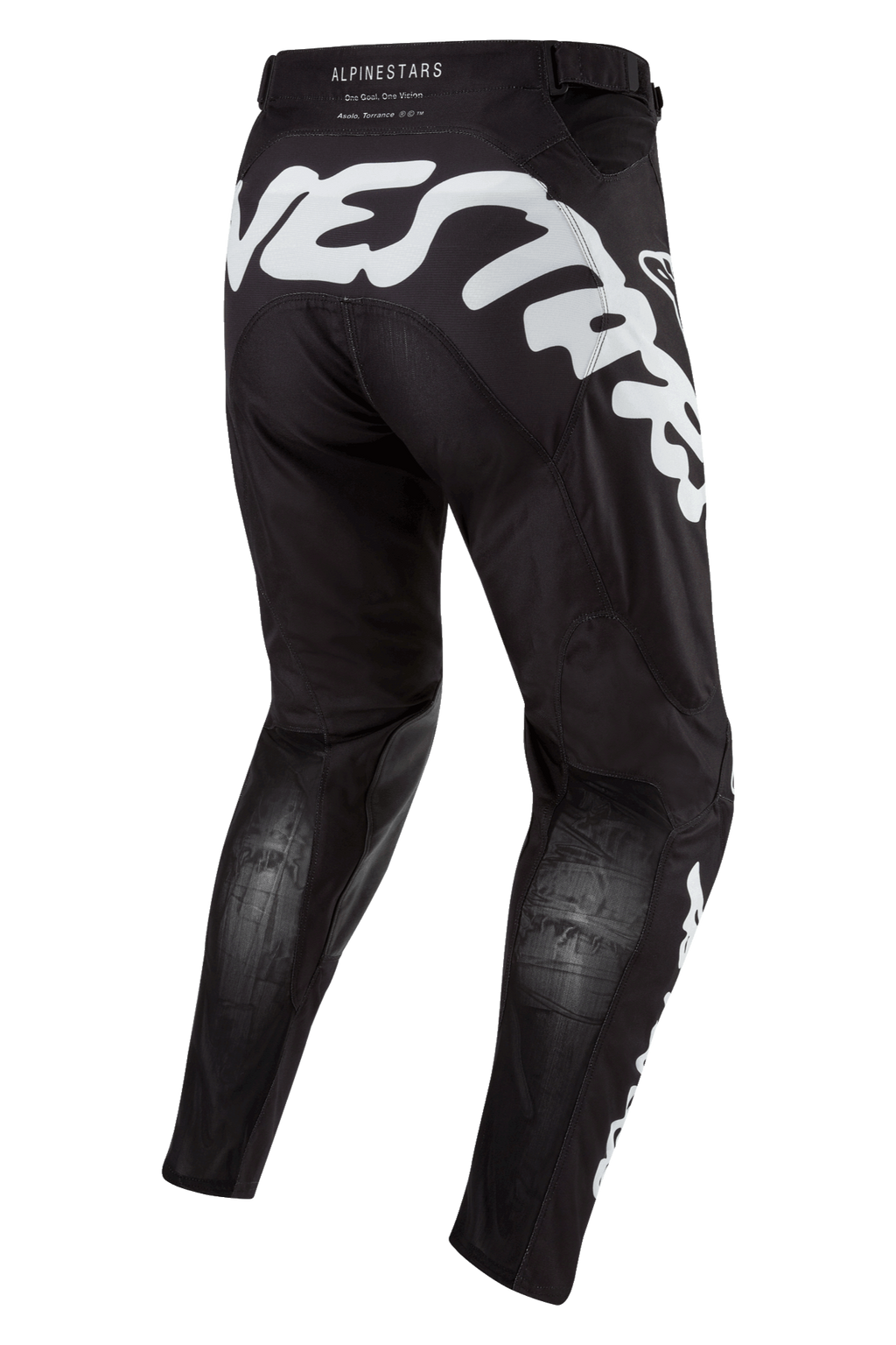 Alpinestars 2024 Racer Hana Hose, Motocross-Hose in Schwarz und Weiß, Rückansicht mit markantem weißem Logo-Schriftzug, atmungsaktive Stretchnet-Zonen an den Waden, ergonomische Offroad-Rennausrüstung