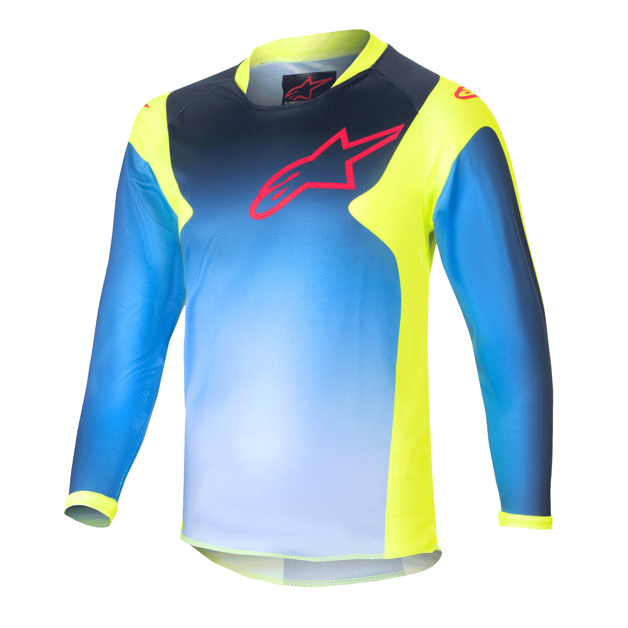 Alpinestars Kids 2024 Racer Graphic 1 Jersey, Youth Motocross Long-Sleeve Jersey, Blue and Neon Yellow, featuring a blue gradient design with a red logo on the chest, neon yellow side panels and collar, lightweight performance fabric