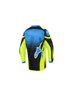 Alpinestars 2026 Kids Racer Nomur Trikot, Motocross-Trikot, Gelb, Blau und Schwarz, Rückansicht mit großem blau-weißem Stern-Logo, gesprenkeltem Farbverlaufsmuster und verlängerter Rückenpartie für den Offroad-Rennsport