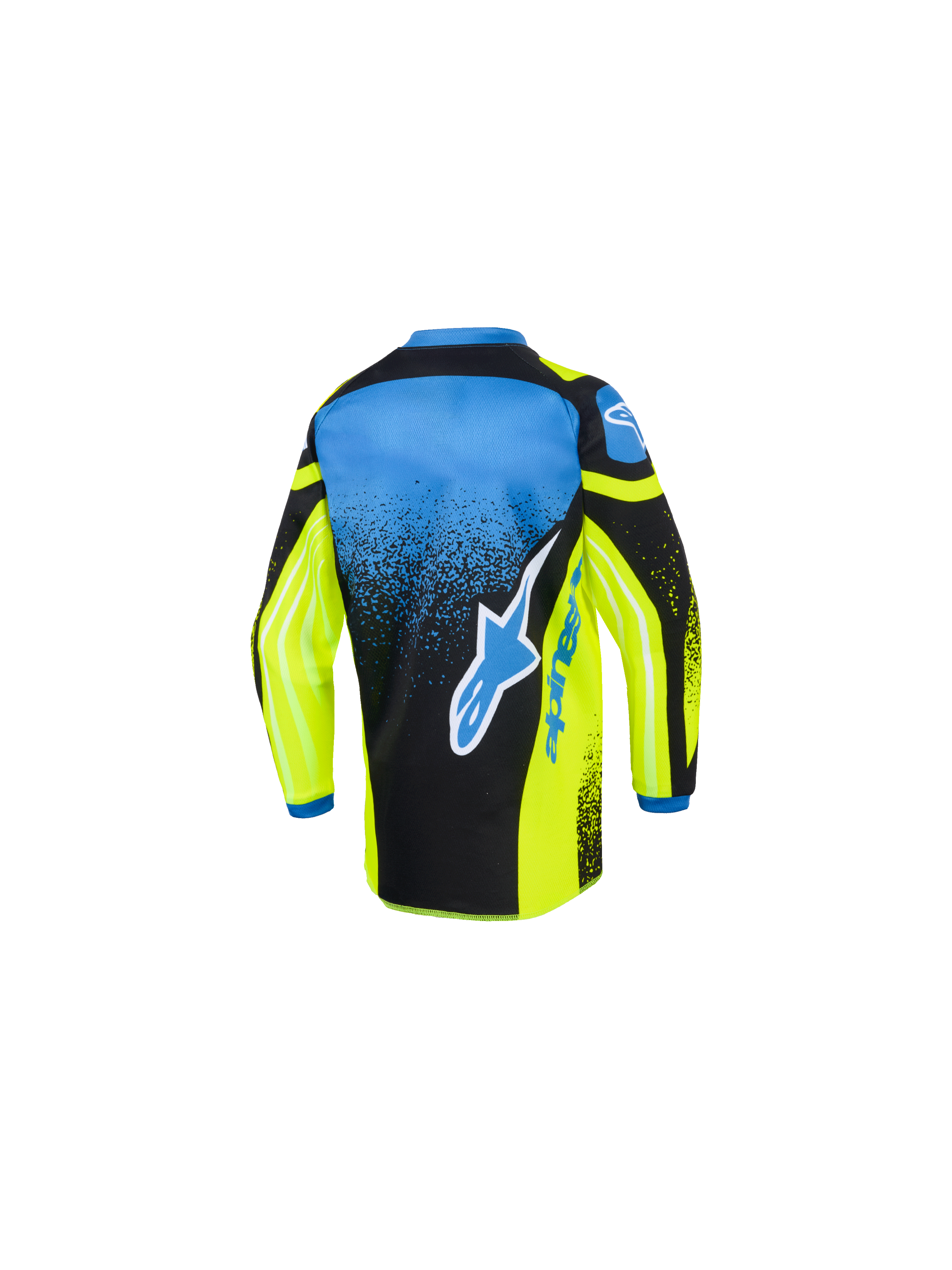 Alpinestars 2026 Kids Racer Nomur Trikot, Motocross-Trikot, Gelb, Blau und Schwarz, Rückansicht mit großem blau-weißem Stern-Logo, gesprenkeltem Farbverlaufsmuster und verlängerter Rückenpartie für den Offroad-Rennsport