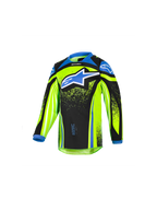 Alpinestars 2026 Kids Racer Nomur Jersey, Jugend-Motocross-Langarmtrikot, Neongelb und Schwarz mit blauen Akzenten, großes blaues Stern-Logo auf der Brust, leichtes feuchtigkeitsableitendes Funktionsmaterial für den Offroad-Einsatz