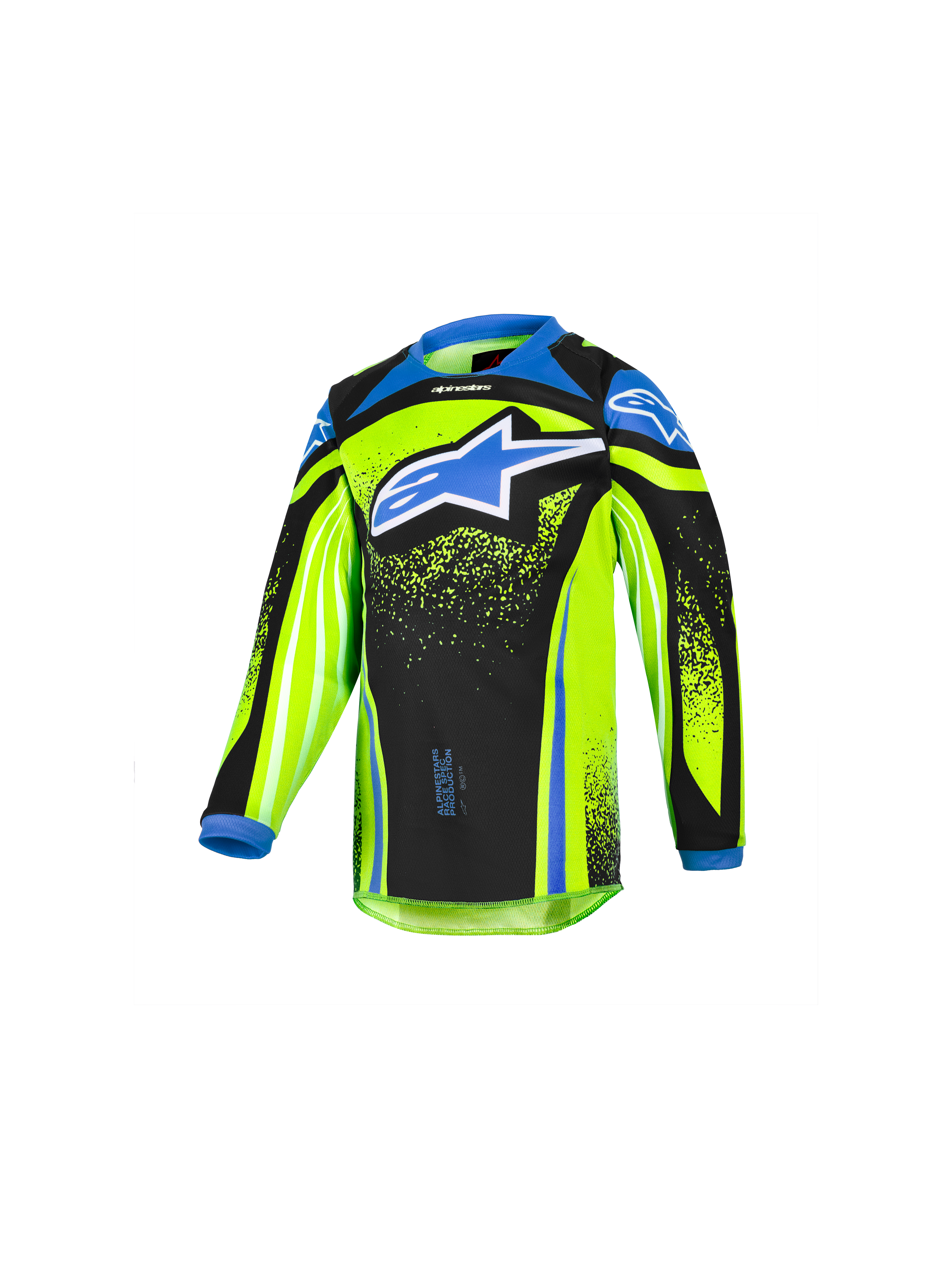 Alpinestars 2026 Kids Racer Nomur Jersey, Jugend-Motocross-Langarmtrikot, Neongelb und Schwarz mit blauen Akzenten, großes blaues Stern-Logo auf der Brust, leichtes feuchtigkeitsableitendes Funktionsmaterial für den Offroad-Einsatz