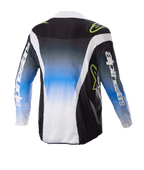 Alpinestars Kids 2023 Racer Push Jersey, Motocross Jersey, Nightlife UCLA Blue White and Black, rear view showing a blue-to-white gradient center, lime green logos, and white side accents, long sleeve off-road riding apparel.