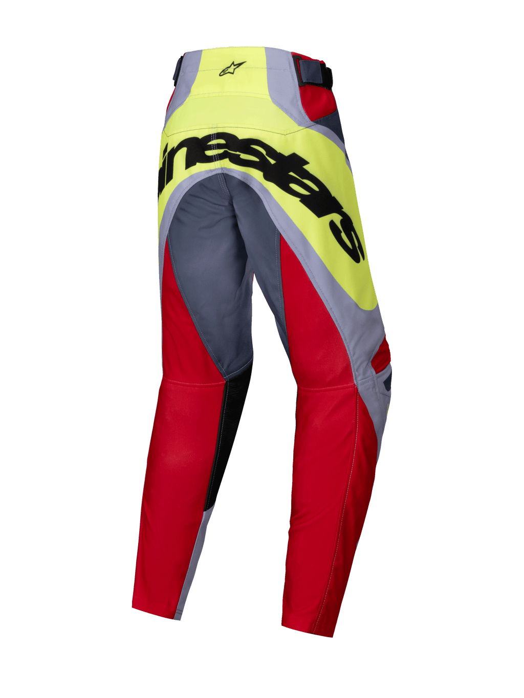 Alpinestars 2025 Youth Racer Melt Hose, Motocross-Hose, Hellrot und Grau mit Neongelb, Rückansicht mit großem schwarzem Alpinestars-Branding auf dem Gesäß, vorgeformtes Design für Offroad-Performance