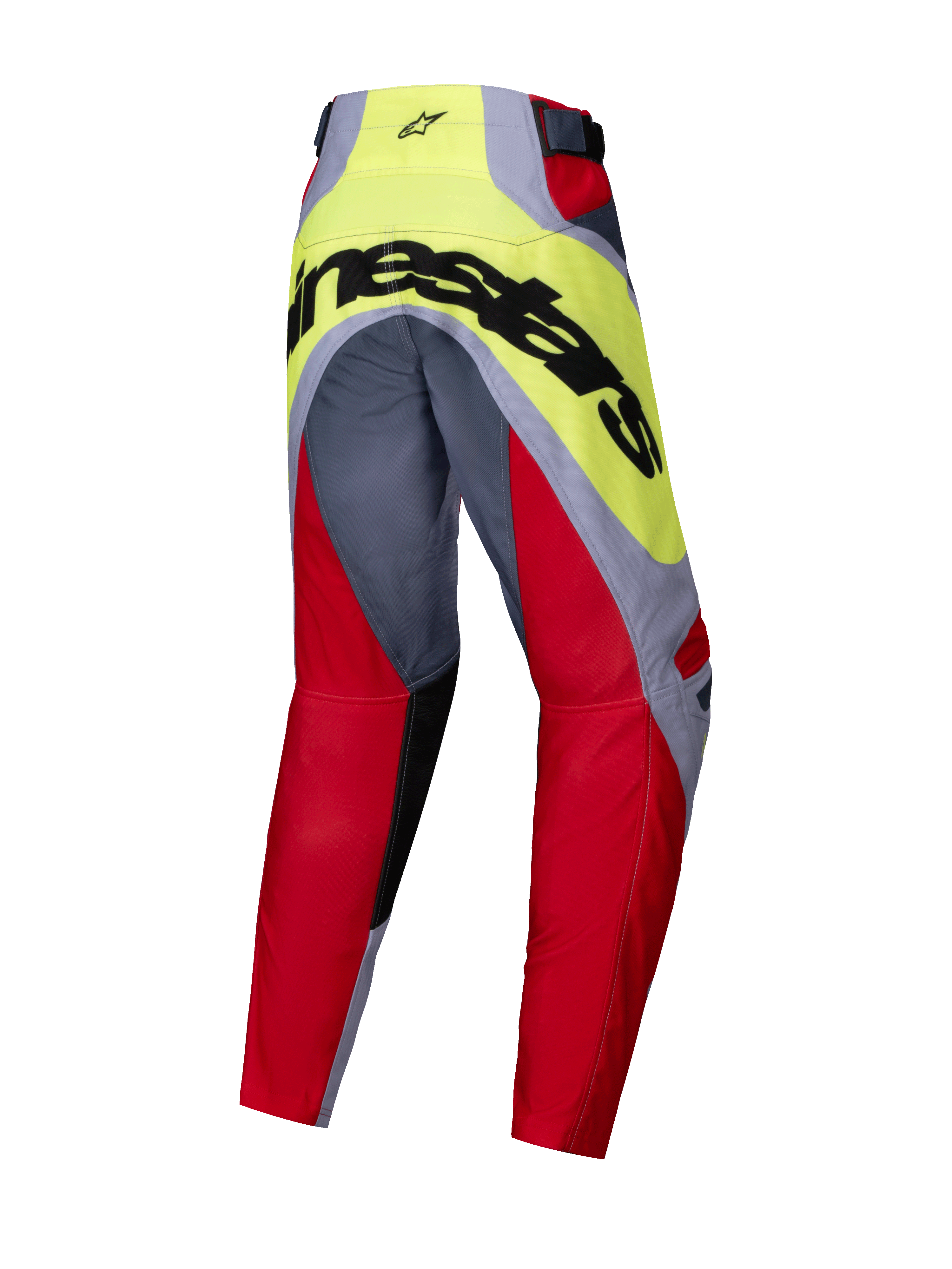 Alpinestars 2025 Youth Racer Melt Hose, Motocross-Hose, Hellrot und Grau mit Neongelb, Rückansicht mit großem schwarzem Alpinestars-Branding auf dem Gesäß, vorgeformtes Design für Offroad-Performance