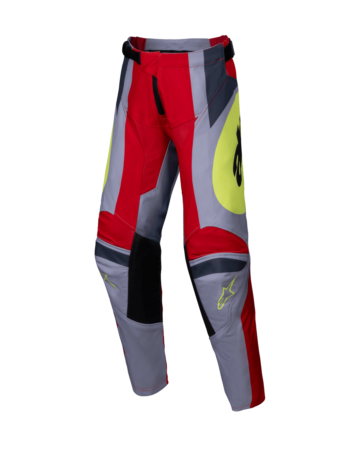 Alpinestars 2025 Youth Racer Melt Pants, Motocross Pants for Kids, Bright Red and Gray with Yellow accents, featuring black reinforced knee panels, bold angular graphics and Astars logos, durable design for off-road racing