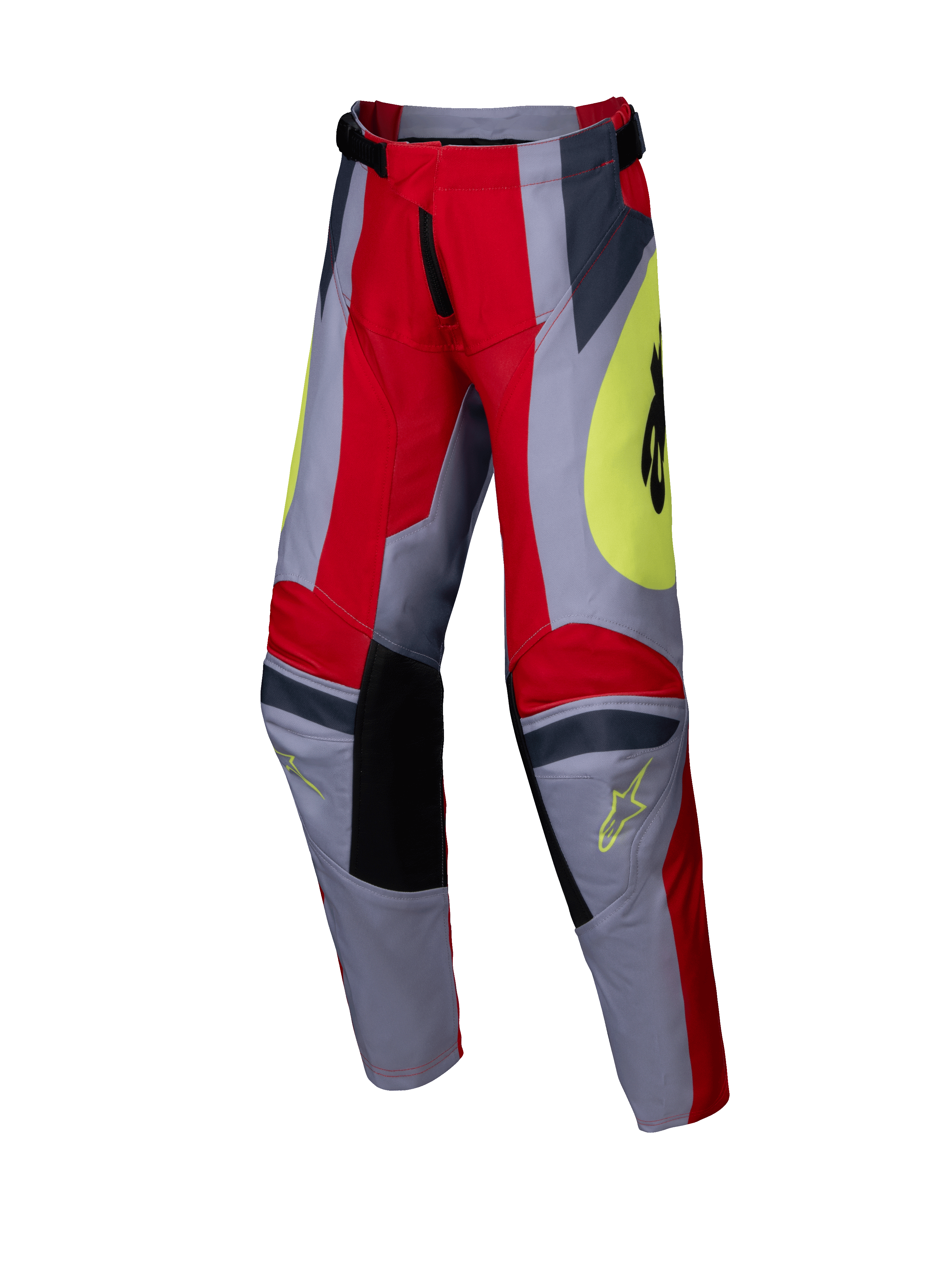 Alpinestars 2025 Youth Racer Melt Hose, Jugend-Motocross-Hose, Hellrot und Grau mit gelben Akzenten, mit schwarzen verstärkten Kniepaneelen, markanten eckigen Grafiken und Astars-Logos, strapazierfähiges Design für Offroad-Rennen