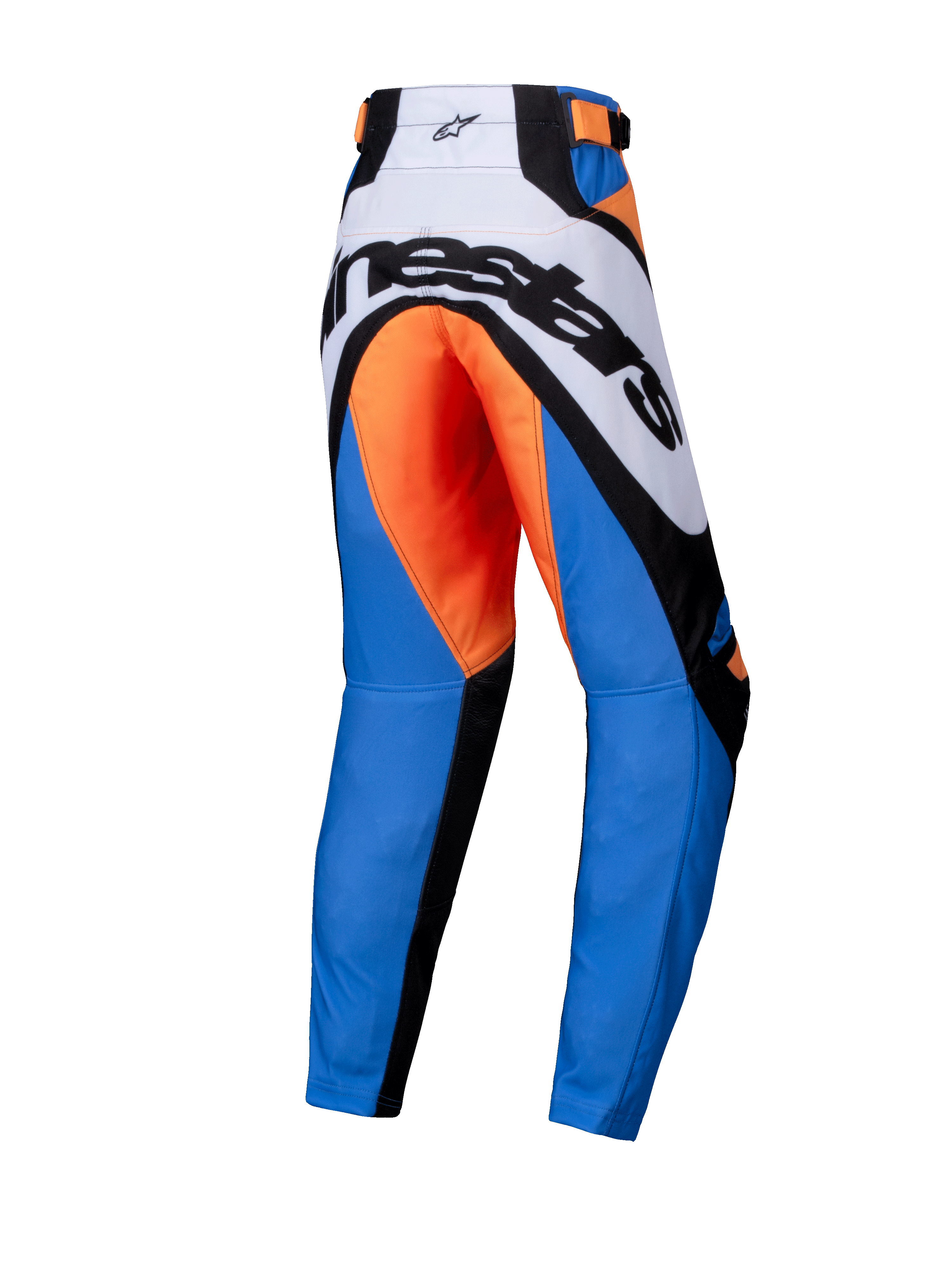 Alpinestars 2025 Youth Racer Melt Hose, Motocross-Hose, Orange und Blau, Rückansicht mit auffälligem schwarzem Alpinestars-Branding auf weißer Rückenpasse, orangefarbenem Gesäßbereich, blauen Beinen und schwarzen verstärkten Einsätzen, ergonomisches Design für Offroad-Rennsport