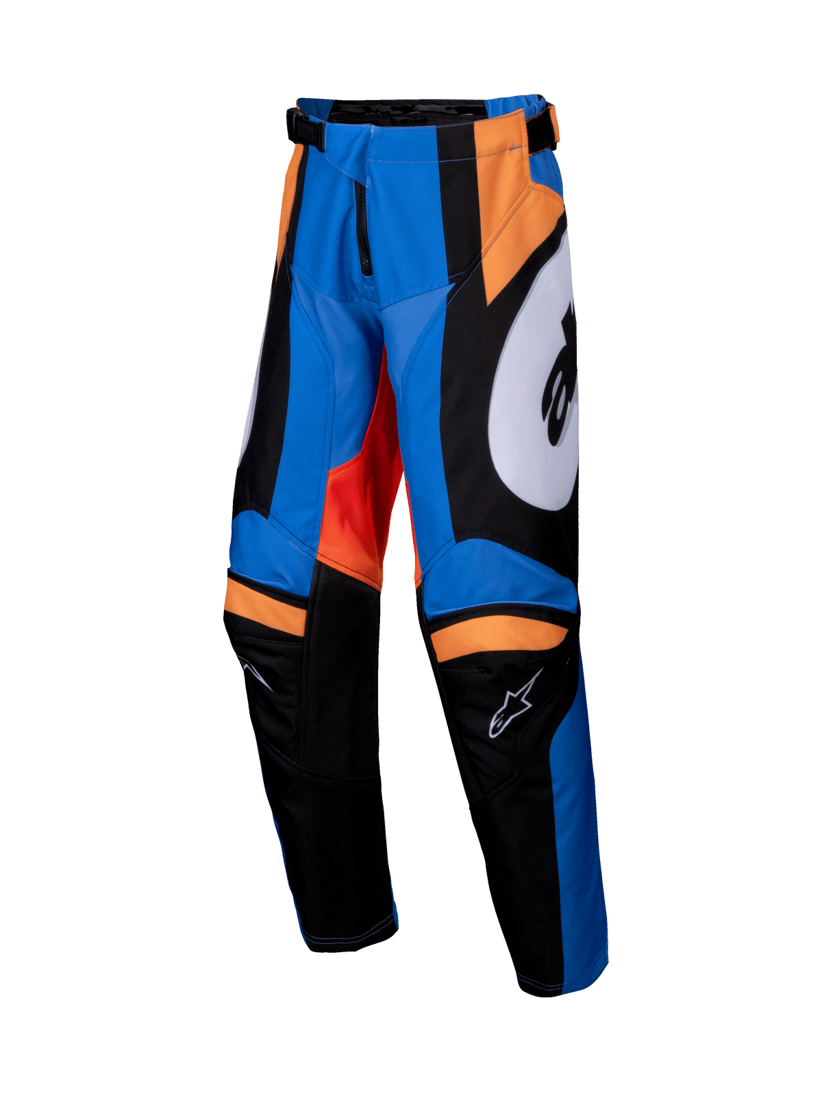 Alpinestars 2025 Youth Racer Melt Hose, Motocross-Hose, Orange und Blau mit schwarzen und weißen Akzenten, markante Grafik-Panels, vorgeformte Beinkonstruktion, verstärkte Knieinnenseiten, verstellbarer Bund mit Ratschenverschluss