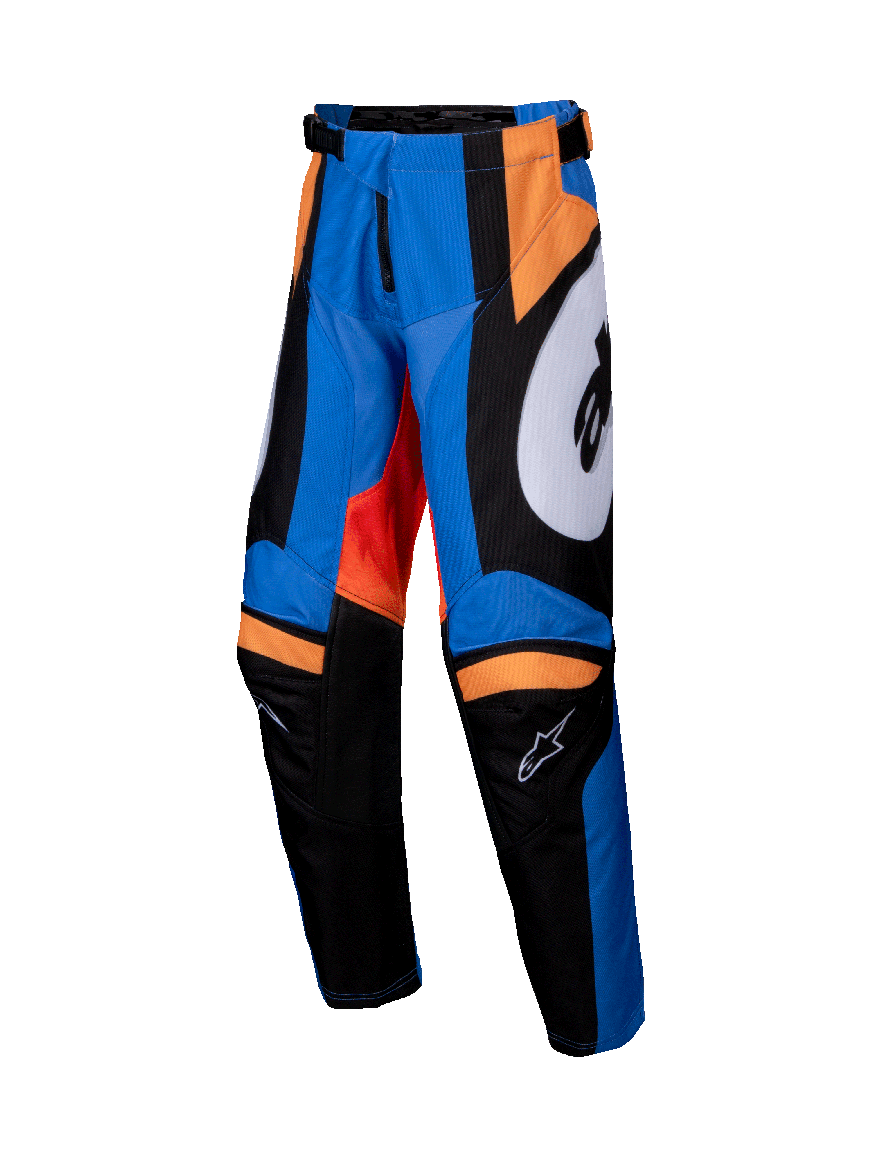 Alpinestars 2025 Youth Racer Melt Hose, Motocross-Hose, Orange und Blau mit schwarzen und weißen Akzenten, markante Grafik-Panels, vorgeformte Beinkonstruktion, verstärkte Knieinnenseiten, verstellbarer Bund mit Ratschenverschluss