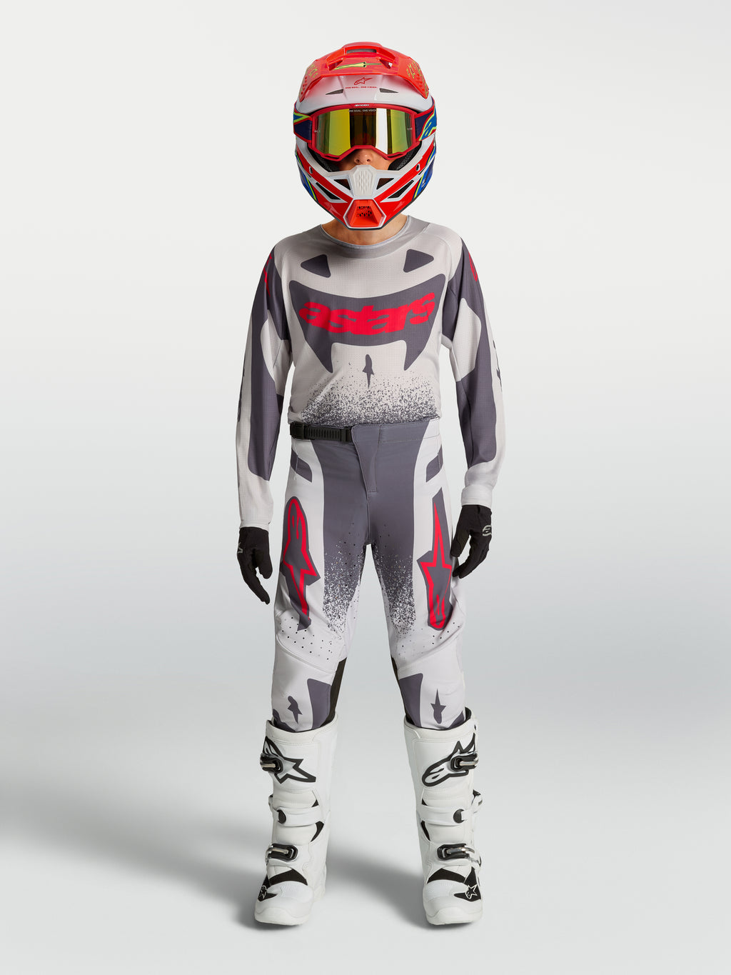 Alpinestars Jugend Supertech Swan Hose, Motocross-Rennhose in Grau und Rot, athletische Passform, Jugend-Ausrüstungsset.