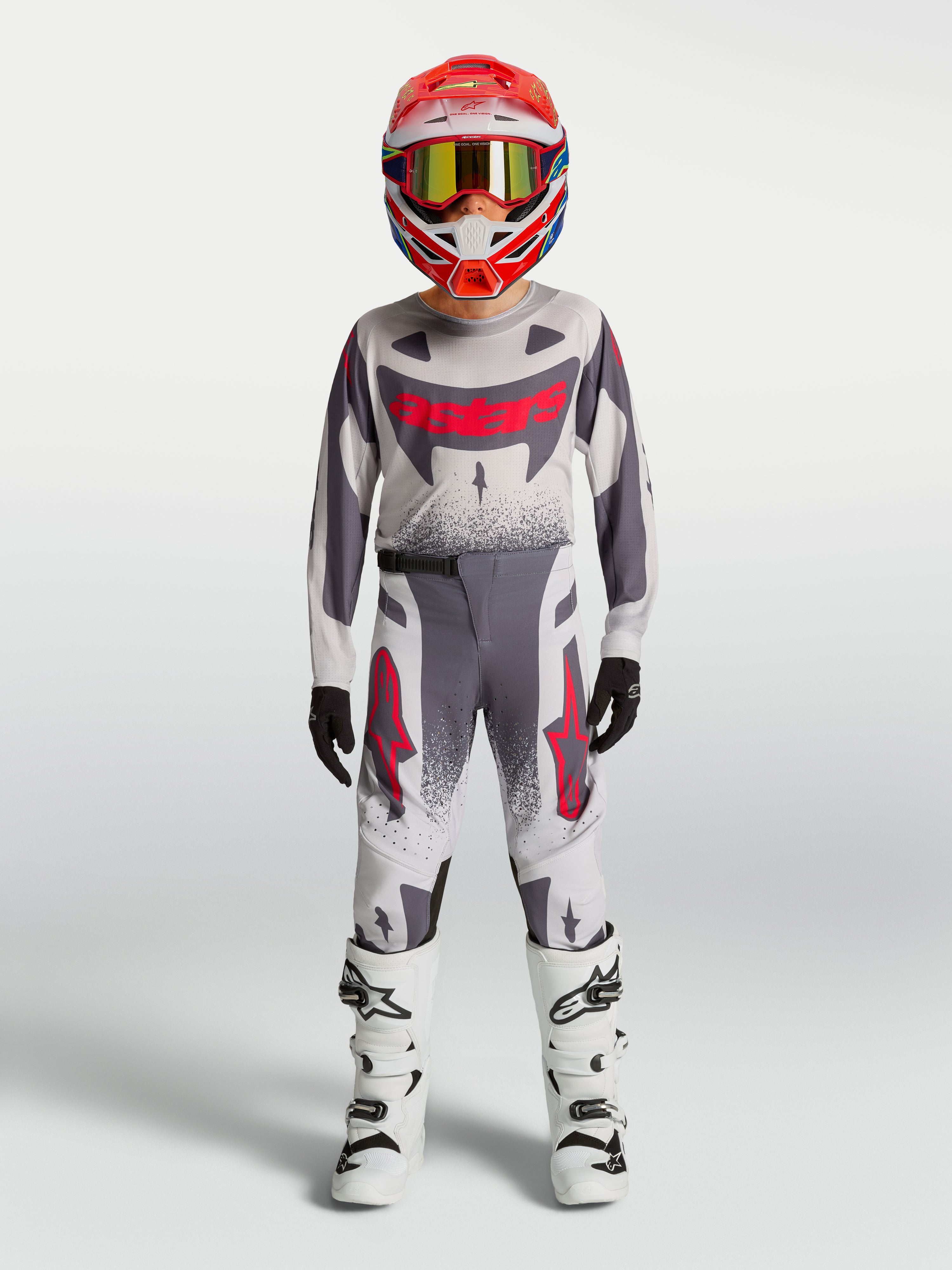 Alpinestars Jugend Supertech Swan Hose, Motocross-Rennhose in Grau und Rot, athletische Passform, Jugend-Ausrüstungsset.