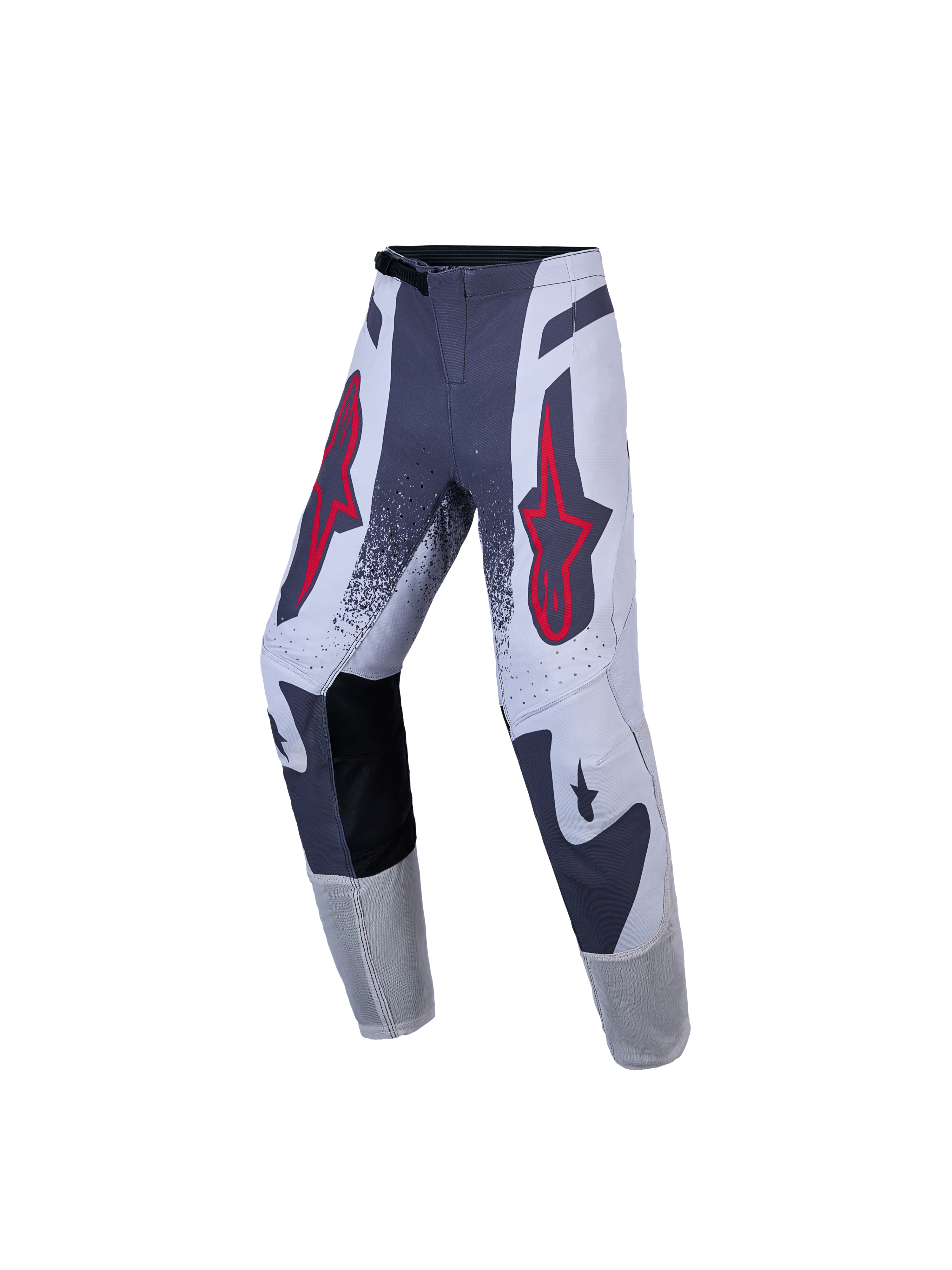 Alpinestars Jugendliche Supertech Swan Motocross-Hose, Grau und Weiß mit roten Stern-Logos, athletisches Stretch-Ripstop.