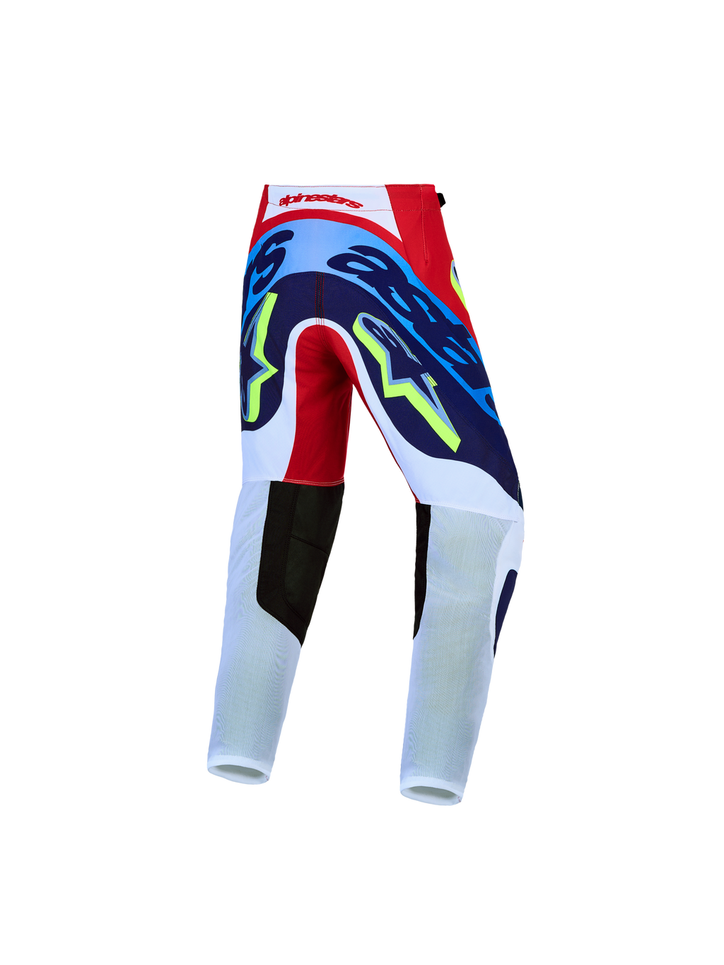 Alpinestars Jugend Supertech Dyna Hose, Motocross-Hose in Rot, Weiß und Blau, Rückansicht mit strapazierfähigem 4-Wege-Stretch-Gewebe und verstärktem Gesäßbereich.