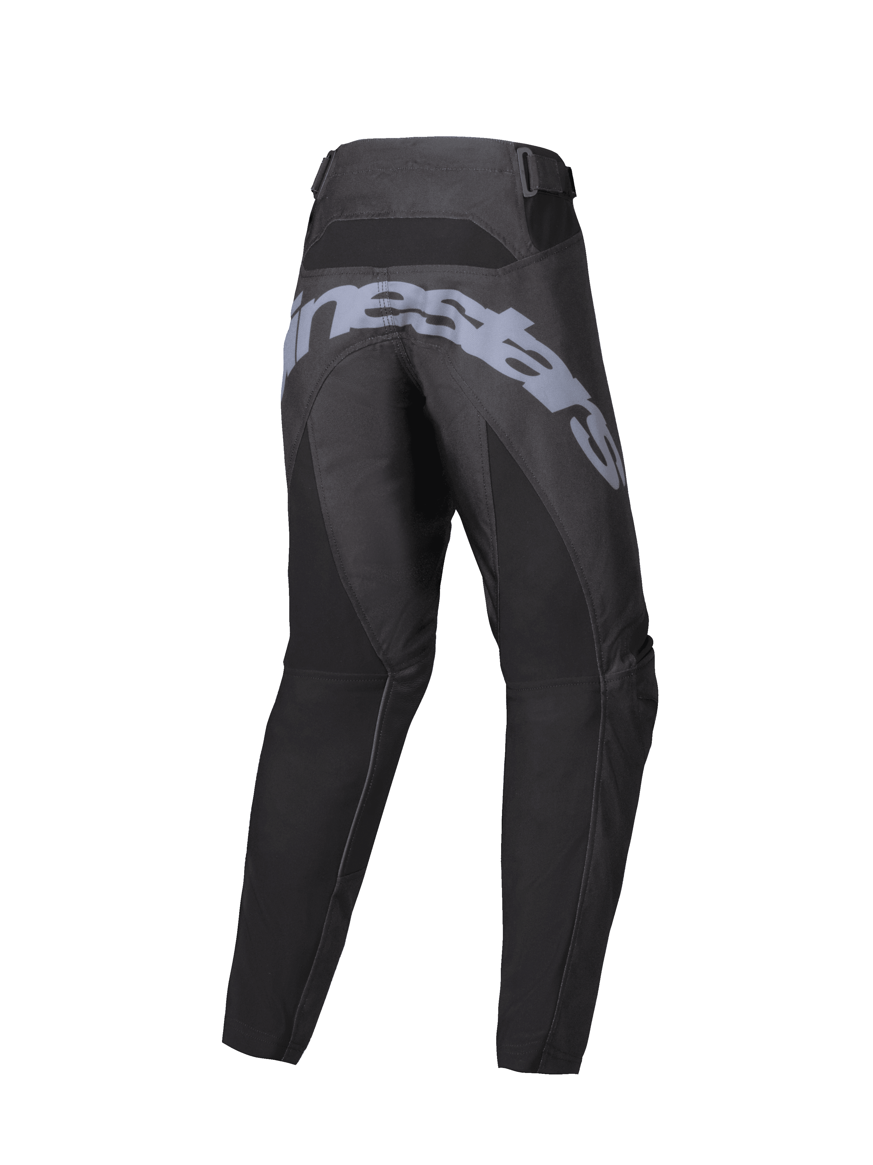 Alpinestars 2025 Youth Racer Graphite Hose, Motocross-Hose, Schwarz und Grau, Rückansicht mit großem grauem Branding auf dem Gesäß, vorgeformte ergonomische Konstruktion und verstellbare Taillenriemen für den Offroad-Einsatz