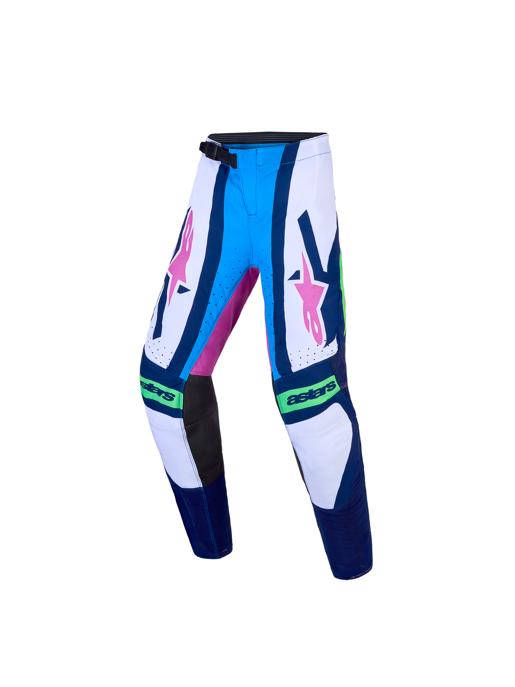 Alpinestars Jugend Supertech Maven Hose, Motocross-Rennhose für junge Fahrer, Blau und Weiß mit pinken Grafiken, athletische Stretch-Passform, Ripstop-Gewebe für Offroad-Geländefahrt.