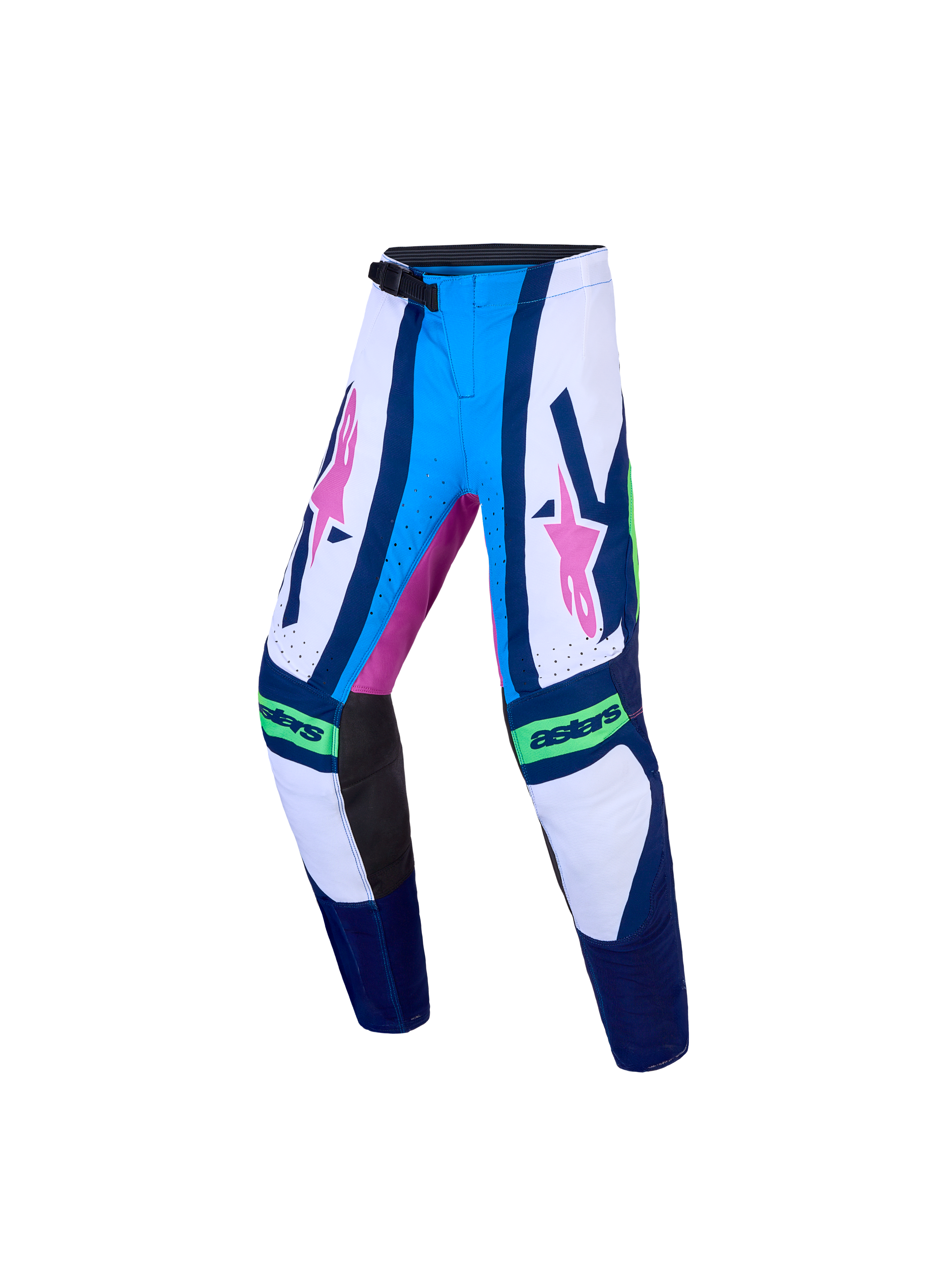Alpinestars Jugend Supertech Maven Hose, Motocross-Rennhose für junge Fahrer, Blau und Weiß mit pinken Grafiken, athletische Stretch-Passform, Ripstop-Gewebe für Offroad-Geländefahrt.