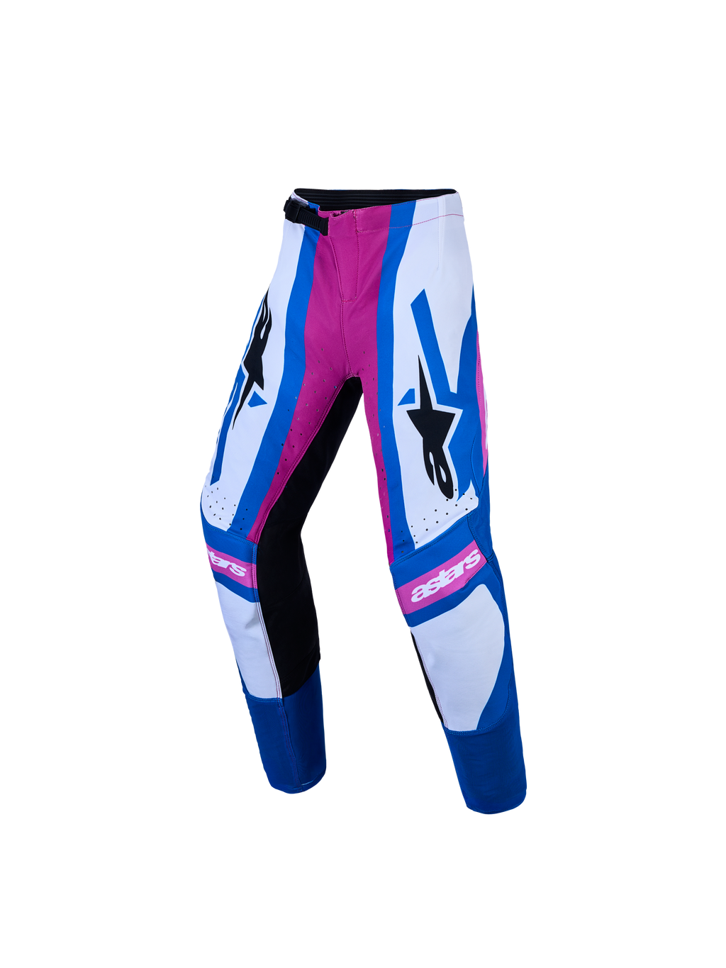 Alpinestars Supertech Maven Jugend-Hose, Motocross-Hose für Kinder, Weiß, Blau und Pink, athletische Rennpassform mit Ratschenverschluss, dehnbare Materialien für maximale Bewegungsfreiheit bei der Geländefahrt.