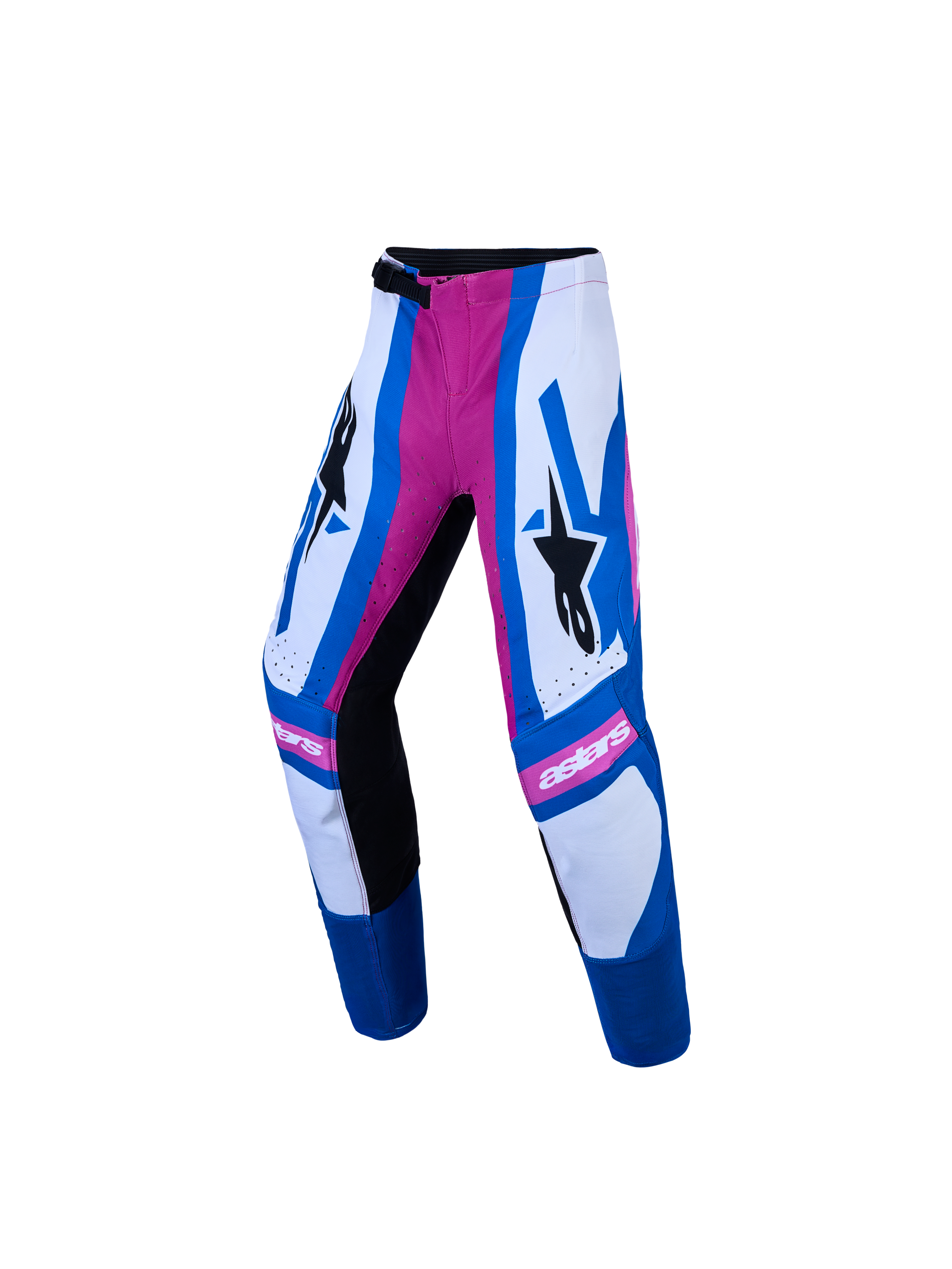 Alpinestars Supertech Maven Jugend-Hose, Motocross-Hose für Kinder, Weiß, Blau und Pink, athletische Rennpassform mit Ratschenverschluss, dehnbare Materialien für maximale Bewegungsfreiheit bei der Geländefahrt.
