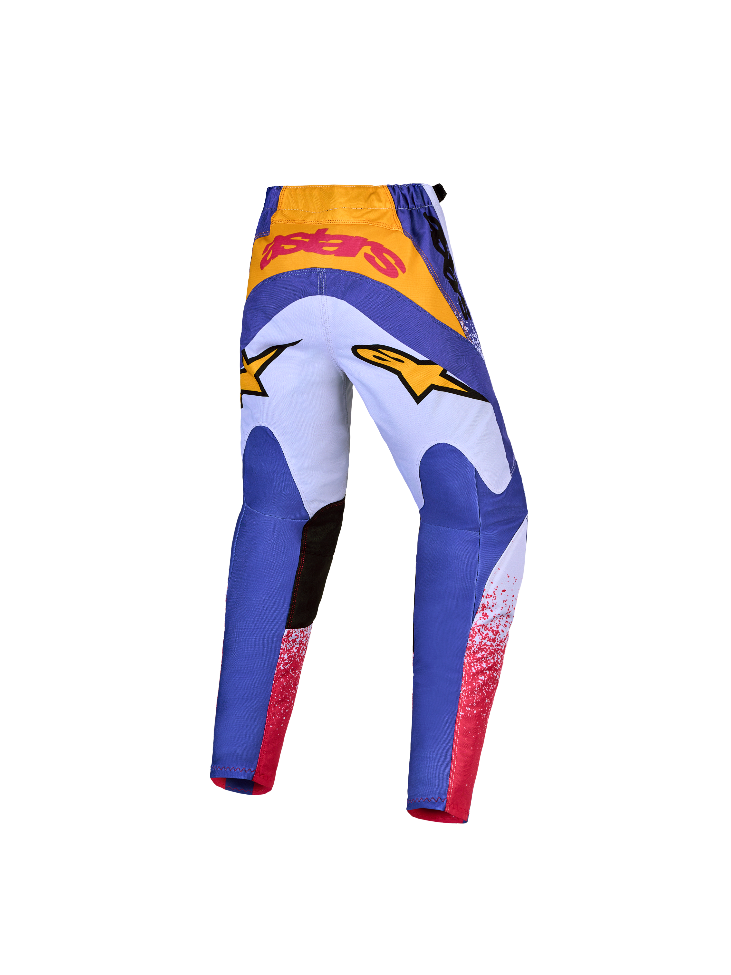 Alpinestars Fluid Drag Jugend-Hose 2027, MX-Hose für Motocross, Blau und Gold, ergonomisch vorgeformt, Rückansicht.
