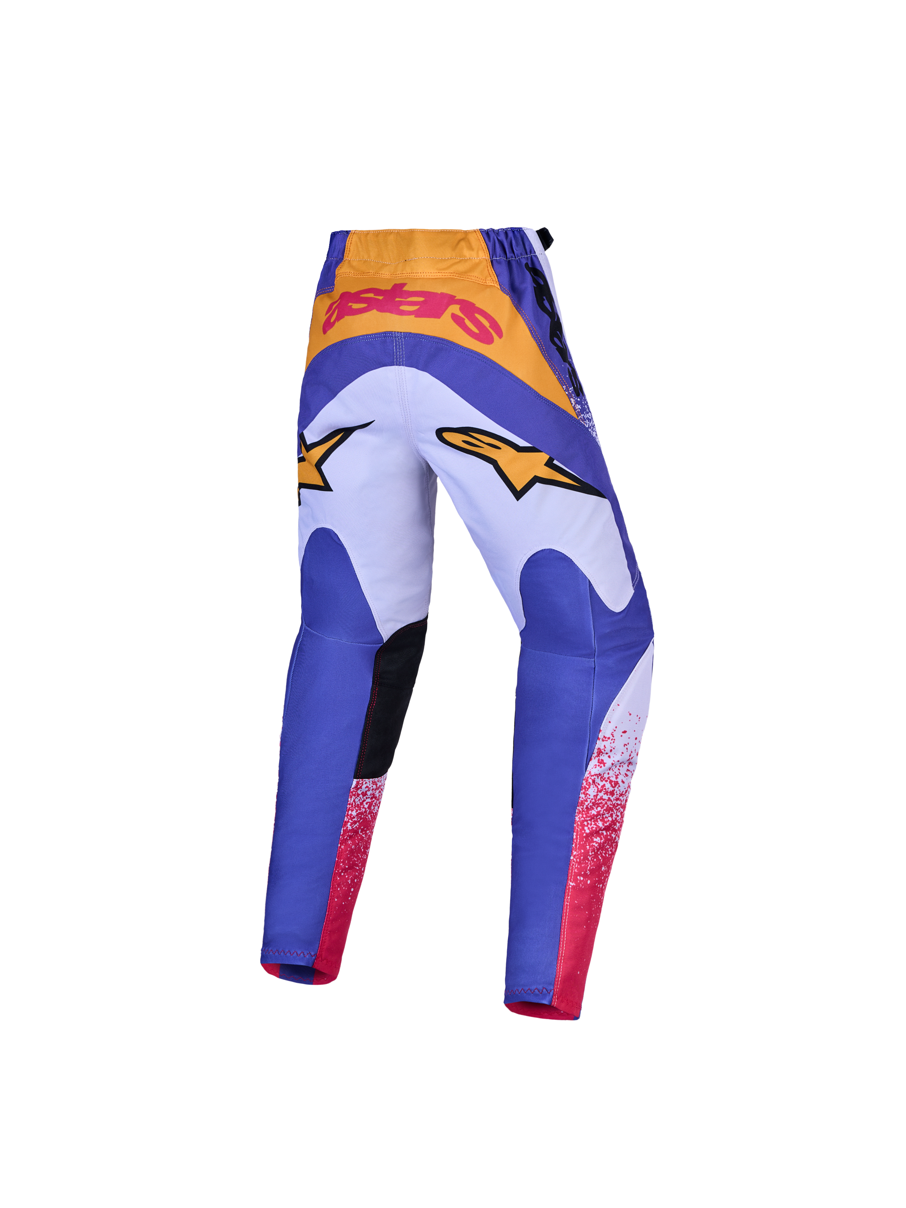 Alpinestars Youth Fluid Drag Pants and Gear Set, blue and lilac motocross pants with gold accents and reinforced seat.