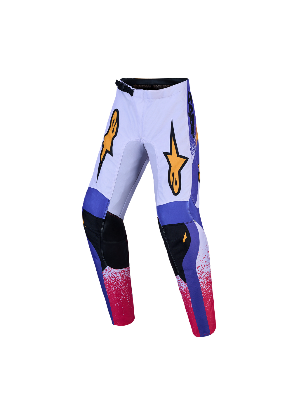 Alpinestars Fluid Drag Jugend-Hose, Motocross-Hose für junge Fahrer, Lila und Blau mit roten Akzenten, strapazierfähiges 600D-Polygewebe, ergonomische Passform für Offroad-Einsätze, gelbe Logo-Grafiken