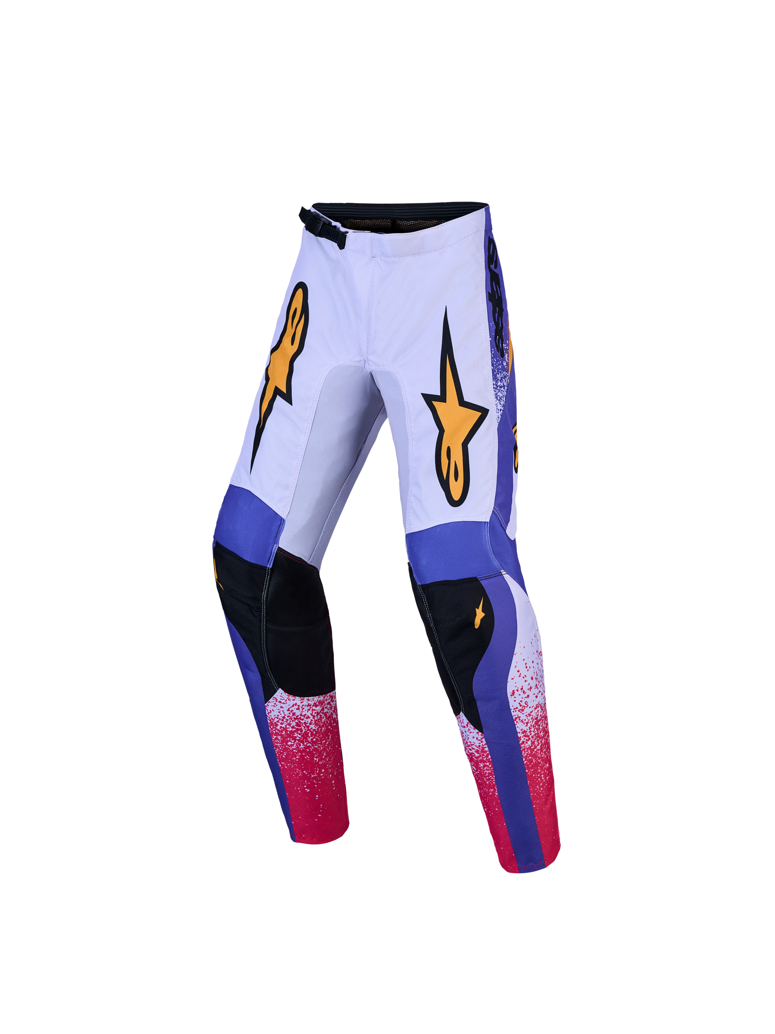 Alpinestars Fluid Drag Jugend-Hose, Motocross-Hose für junge Fahrer, Lila und Blau mit roten Akzenten, strapazierfähiges 600D-Polygewebe, ergonomische Passform für Offroad-Einsätze, gelbe Logo-Grafiken