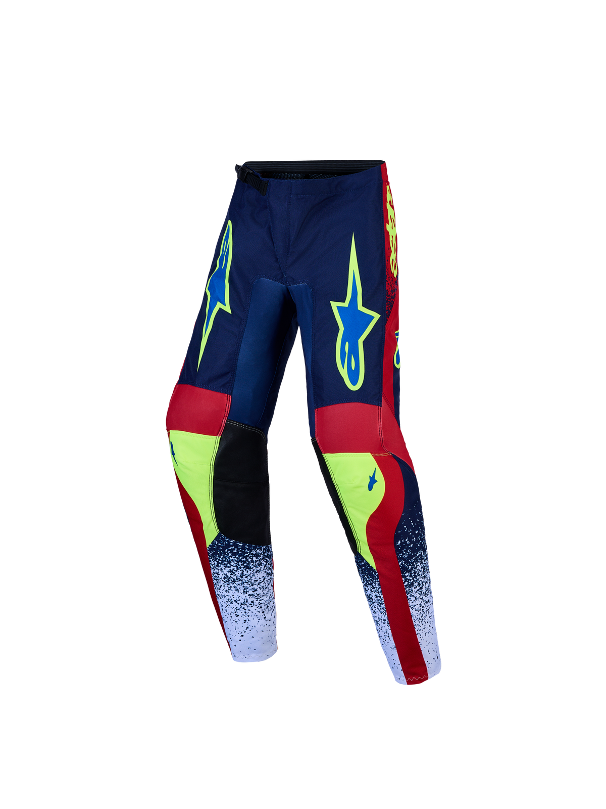Alpinestars Youth Fluid Drag Pants, Motocross Racing Pants, Navy Blue and Fire Red, durable textile with pre-curved design.
