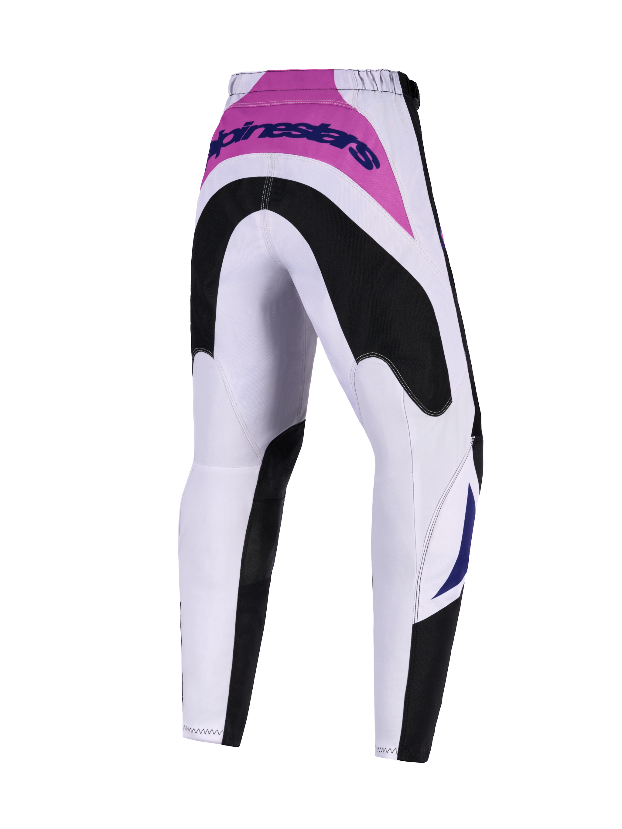 Alpinestars 2026 Jugend-Fluid Grid Hose, Motocross-Hose, Schwarz, Hellgrau und Lila, Rückansicht mit verstärktem schwarzem Gesäßbereich und pinkfarbenem Sattel mit blauem Logo, strapazierfähiges Sport-Fit-Design für den Offroad-Einsatz von Jugendlichen.