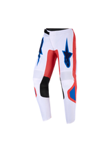 Alpinestars 2026 Youth Fluid Grid Pants, Motocross Pants, Orange and UCLA Blue with White base, featuring black synthetic leather inner knee panels and Alpinestars star logos on the thighs, ergonomic pre-curved leg design for off-road riding.