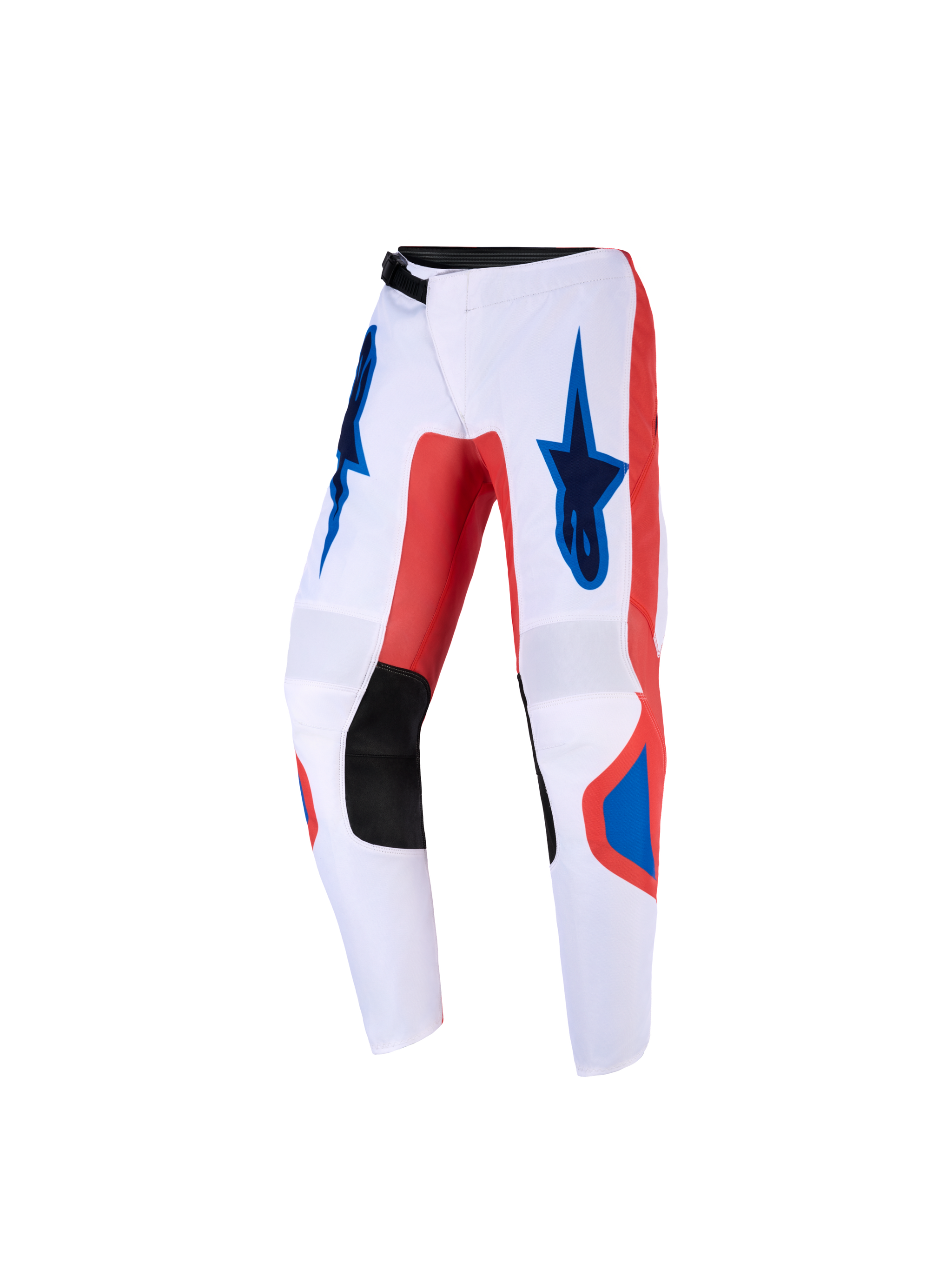 Alpinestars 2026 Youth Fluid Grid Pants, Motocross Pants, Orange and UCLA Blue with White base, featuring black synthetic leather inner knee panels and Alpinestars star logos on the thighs, ergonomic pre-curved leg design for off-road riding.