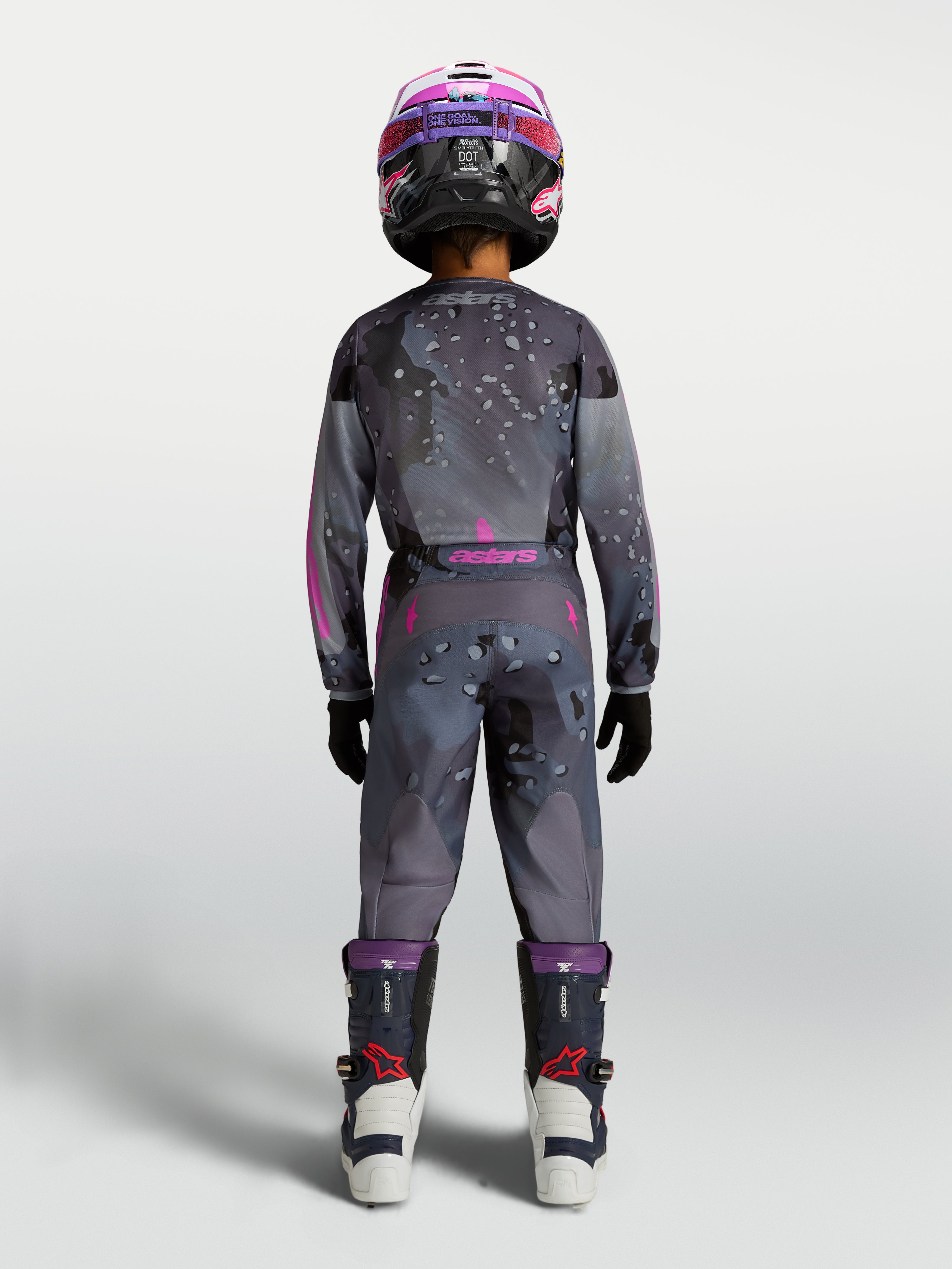 Alpinestars Jugendliche Fluid Lone Gear Set, Motocross-Outfit für Kinder, Grau und Pink mit Camo-Tarnmuster, Rückansicht