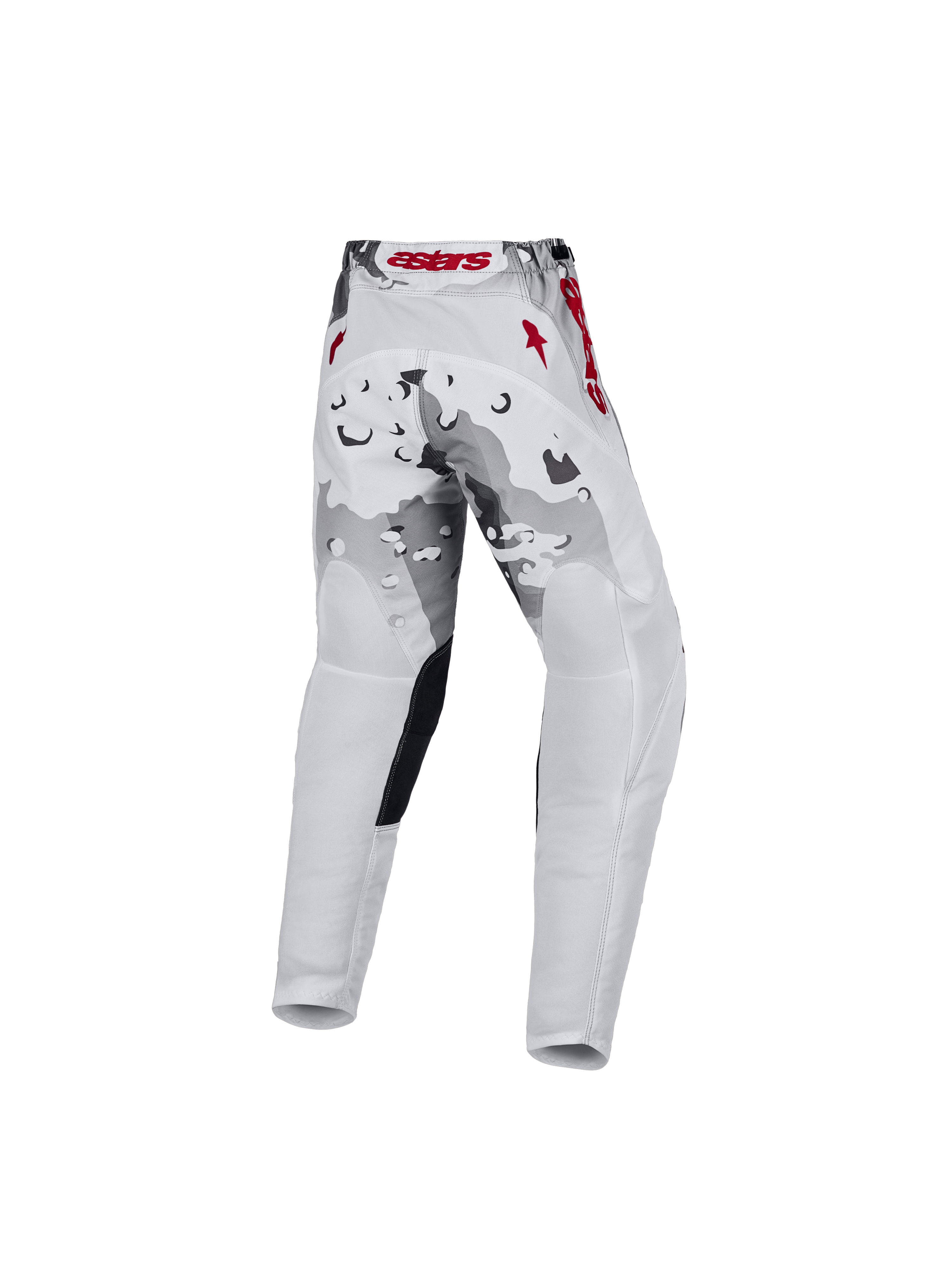 Alpinestars 2027 Youth Fluid Lone Pants, gray camo and white motocross racing gear with red accents, rear view.