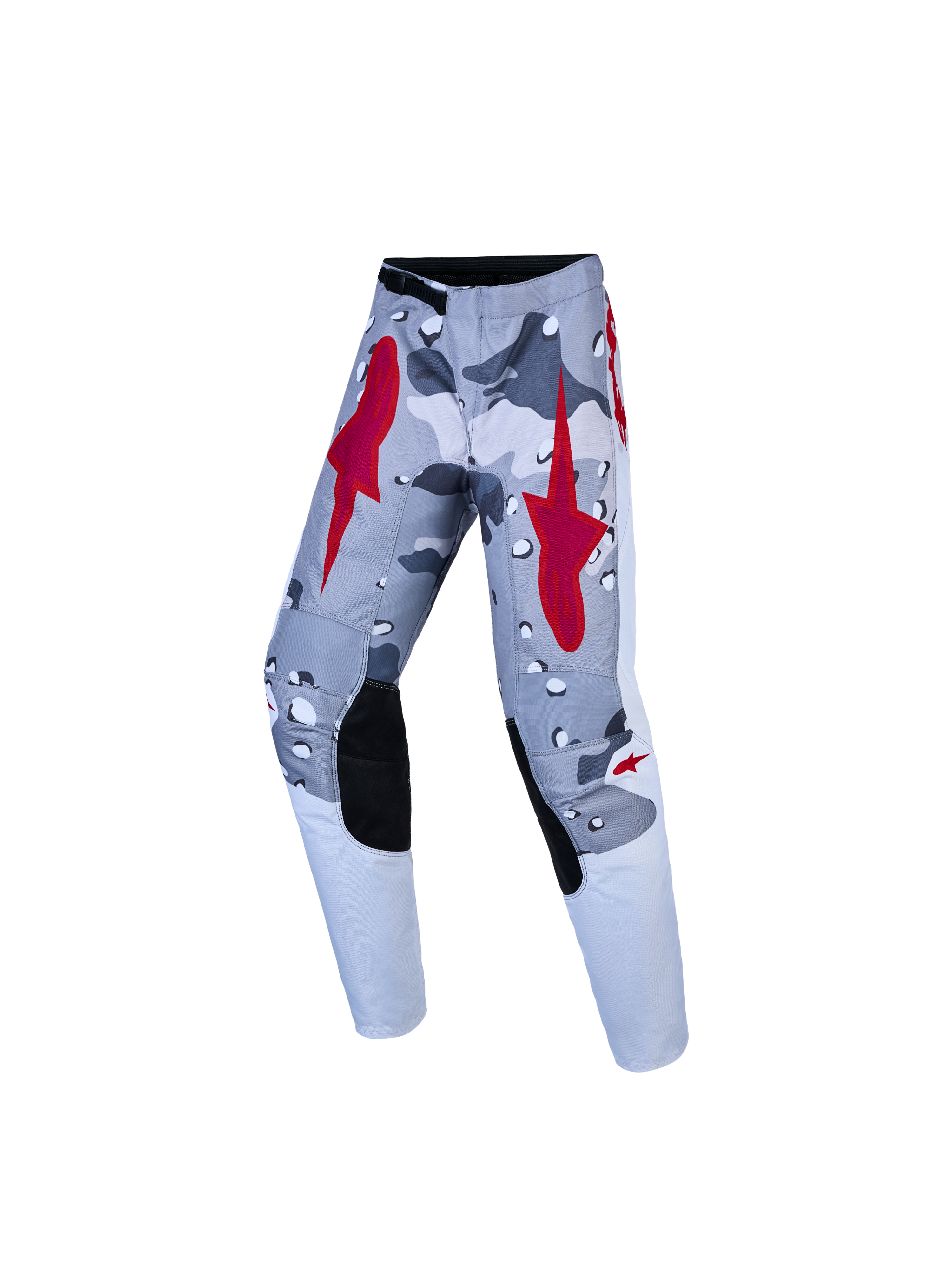 Alpinestars Youth Fluid Lone Pants in gray camo and fire red for motocross, featuring reinforced knees.