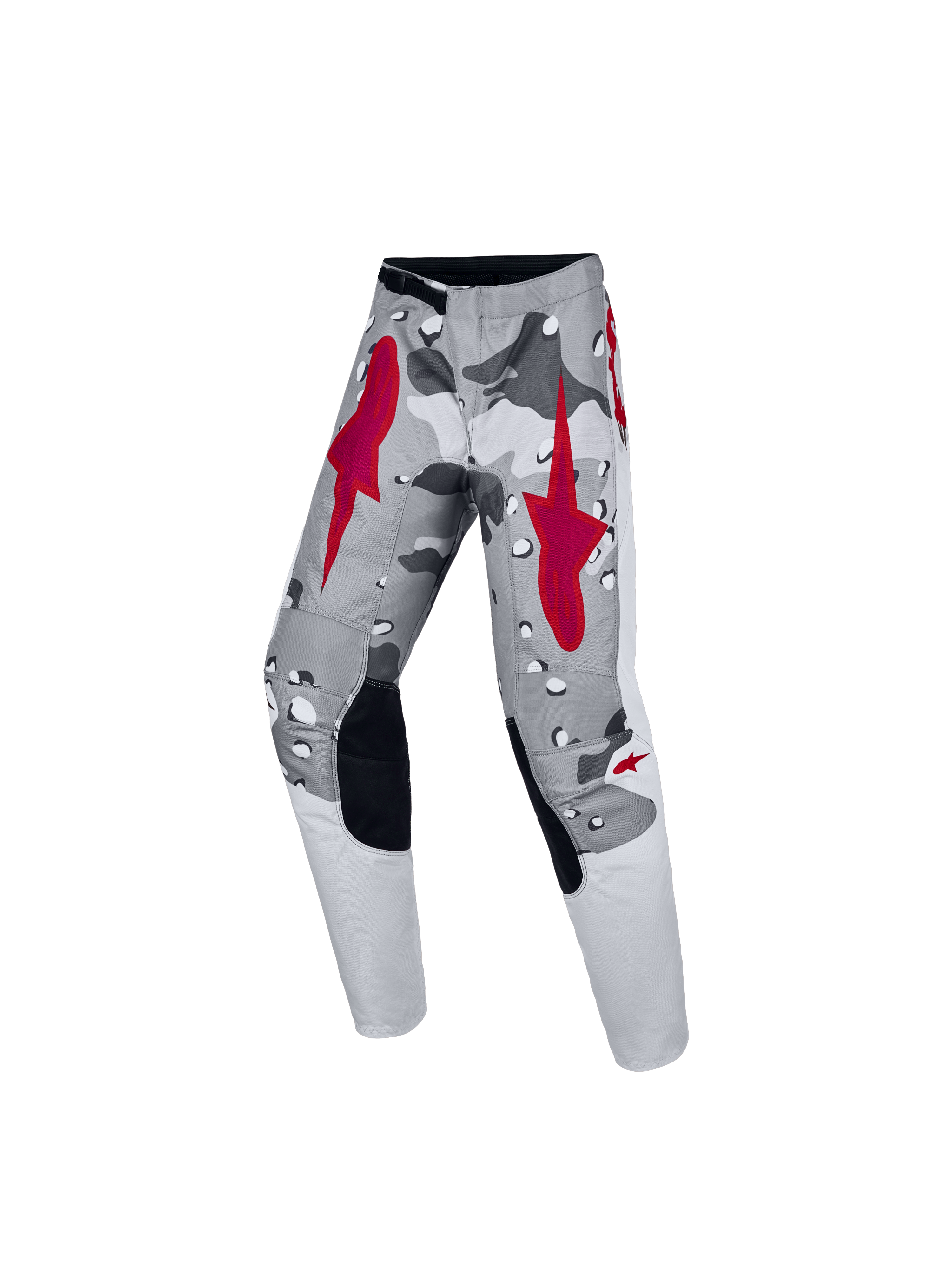 Alpinestars Youth Fluid Lone Pants, gray camo and red motocross pants with ergonomic fit for off-road riding.