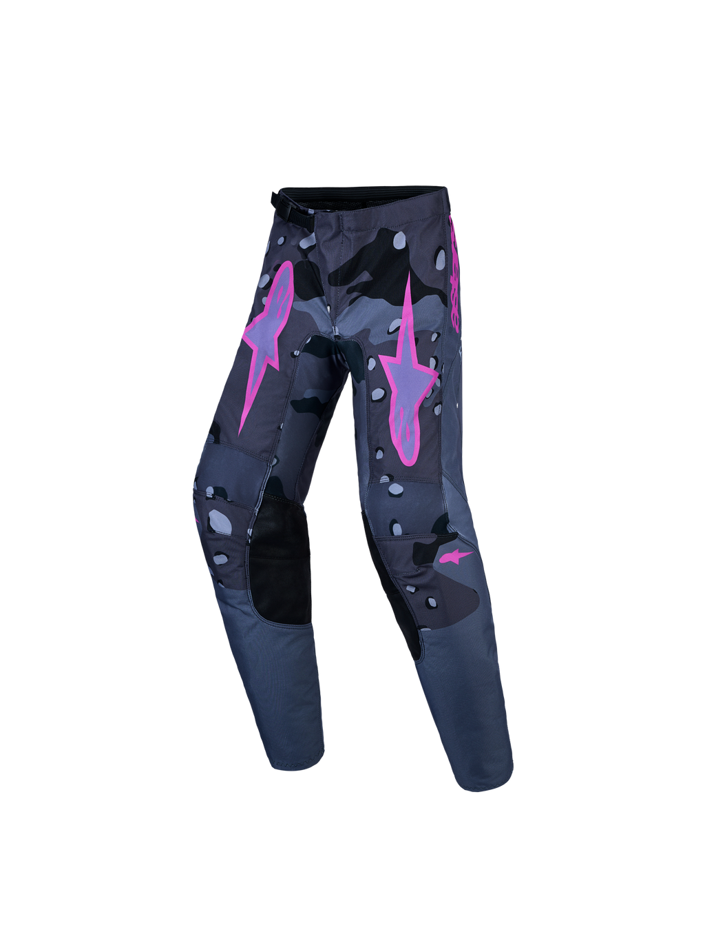 Alpinestars Youth Fluid Lone V2 Hose, Jugend-Motocross-Hose, Dunkelgrau-Camouflage, pinke Stern-Logos und verstärkte Knie.