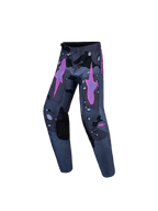 Alpinestars Youth Fluid Lone V2 Hose, Jugend-Motocross-Hose, Dunkelgrau-Camouflage, pinke Stern-Logos und verstärkte Knie.