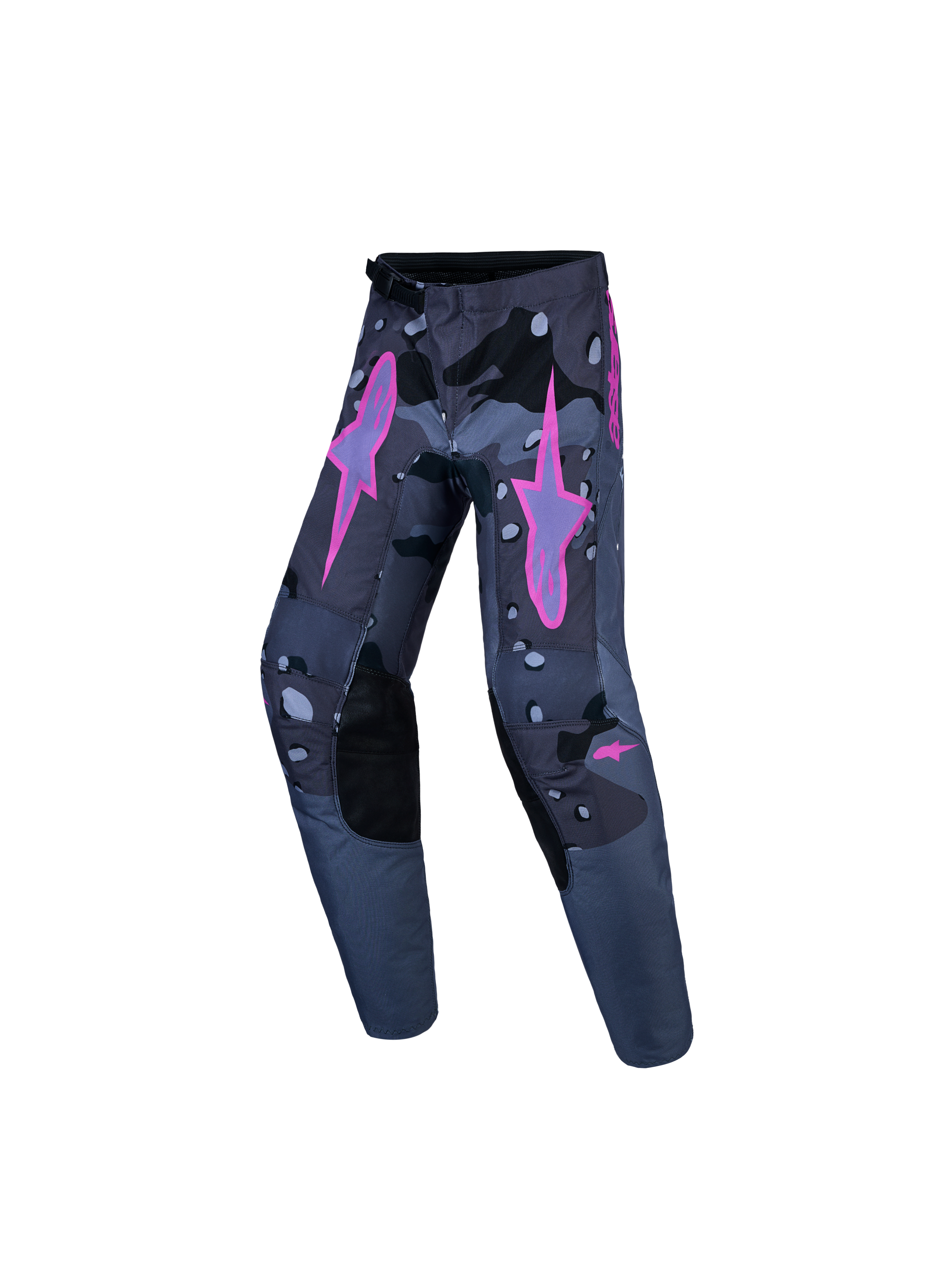 Alpinestars Youth Fluid Lone V2 Hose, Jugend-Motocross-Hose, Dunkelgrau-Camouflage, pinke Stern-Logos und verstärkte Knie.