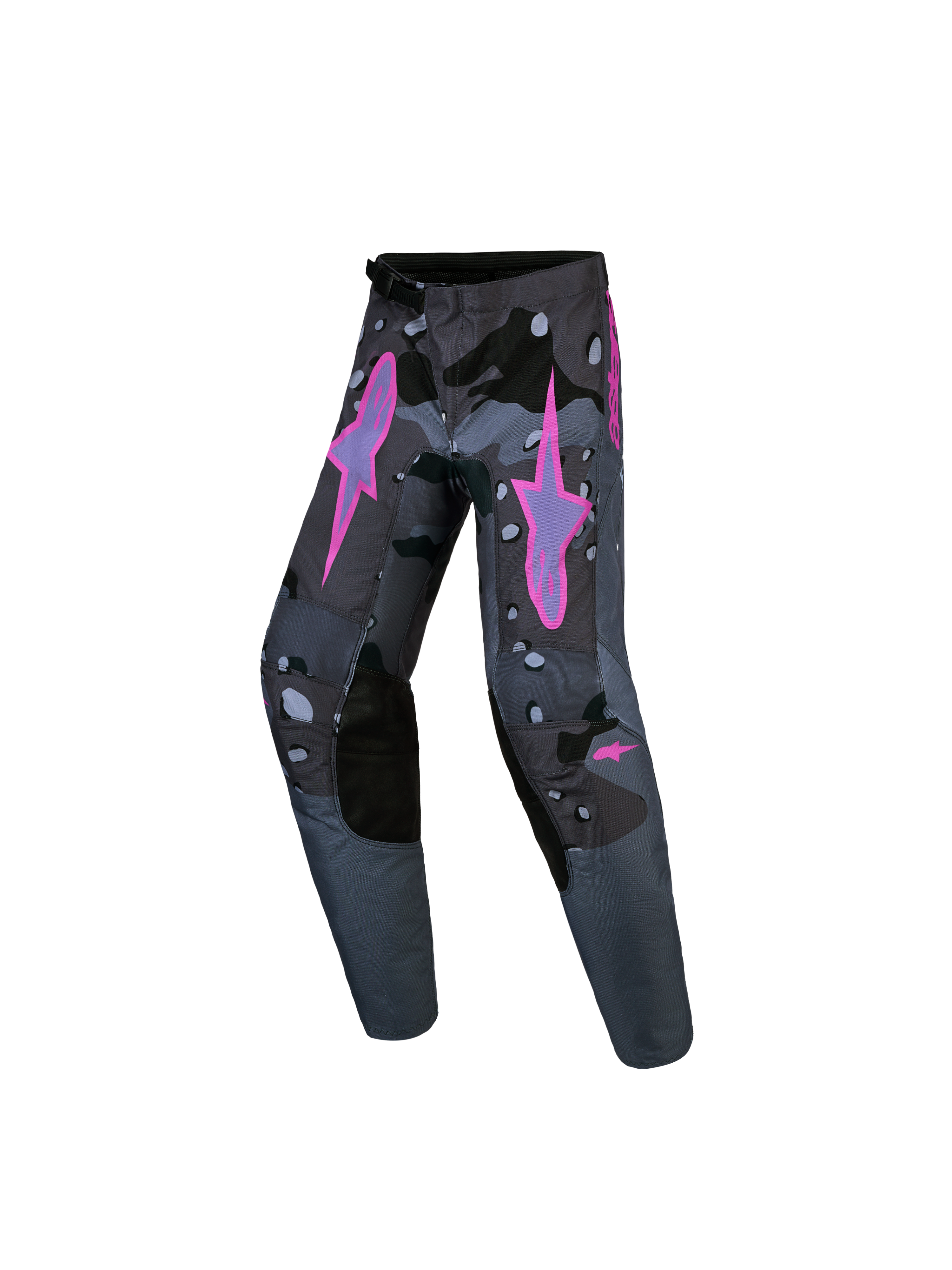 Alpinestars Jugend Fluid Lone Hose, Motocross-Rennhose in Grau Camo und Lila aus strapazierfähigem Polygewebe.