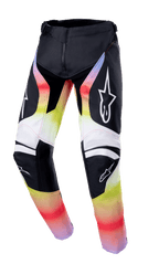 Alpinestars 2023 Youth Racer Semi Pants, Motocross Racing Pants, Black with Red Yellow and White Gradient, Star Logos on Thighs and Knees, Technical Design with Reinforced Knee Protection