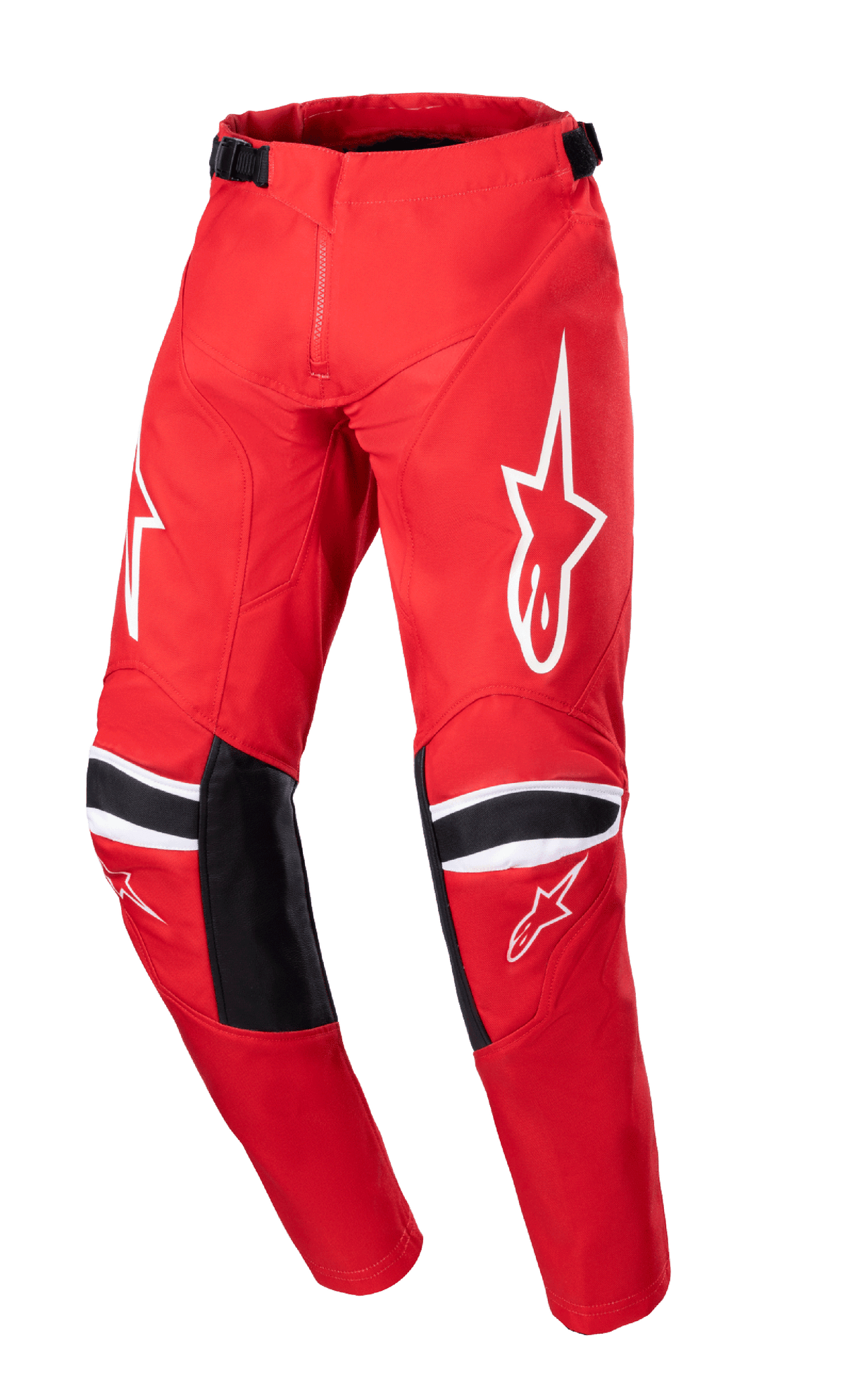 Alpinestars 2023 Youth Racer Narin Pants, Motocross Pants, Mars Red and White, featuring white star logos on thighs, black knee reinforcement panels with white stripes, adjustable waist straps, durable off-road racing design