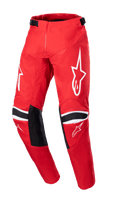 Alpinestars 2023 Youth Racer Narin Hose, Motocross-Hose, Mars-Rot und Weiß, mit weißen Stern-Logos auf den Oberschenkeln, schwarzen Knie-Verstärkungspanelen mit weißen Streifen, verstellbaren Taillengurten, strapazierfähiges Offroad-Racing-Design