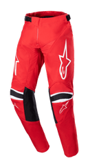 Alpinestars 2023 Youth Racer Narin Hose, Motocross-Hose, Mars-Rot und Weiß, mit weißen Stern-Logos auf den Oberschenkeln, schwarzen Knie-Verstärkungspanelen mit weißen Streifen, verstellbaren Taillengurten, strapazierfähiges Offroad-Racing-Design