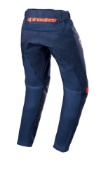 Alpinestars Youth 2023 Racer Narin Pants, Motocross Pants, Night Navy and Hot Orange, rear view showing orange Alpinestars branding on the waist and black leather inner leg reinforcements, durable textile design for off-road riding