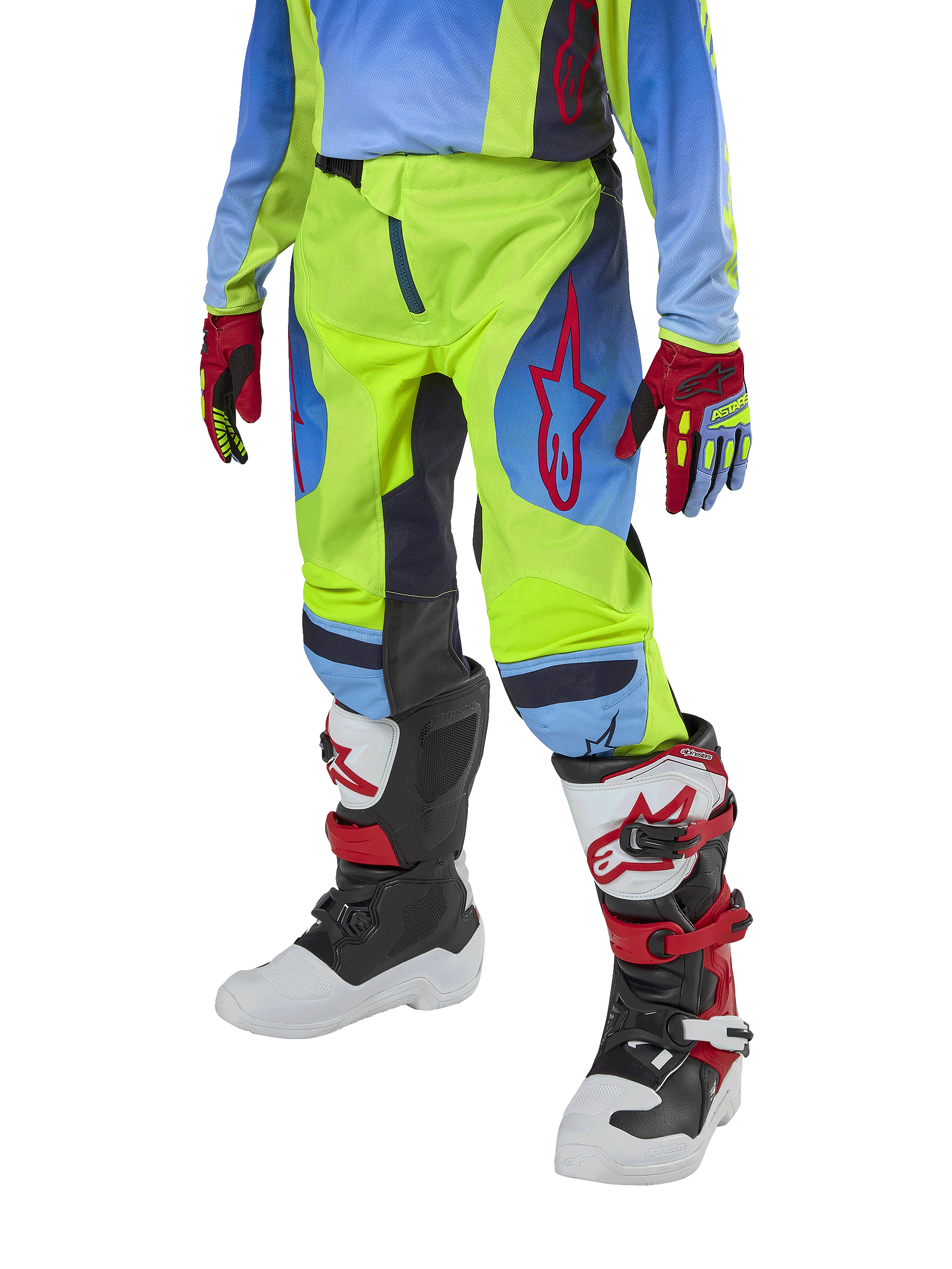 Alpinestars Youth 2024 Racer Hoen Hose, Motocross-Hose, Neongelb und Blue Night Navy mit roten Akzenten, kombiniert mit passenden Handschuhen und weiß-schwarz-roten Stiefeln, sportliche Passform mit vorgeformter Beinkonstruktion für den Offroad-Einsatz