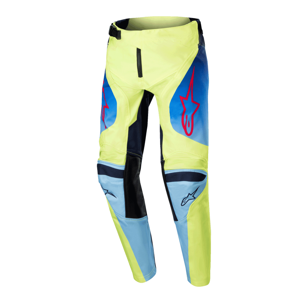 Alpinestars 2024 Youth Racer Hoen Hose, Jugend-Motocross-Hose, Gelb Fluo und Blau Night Navy, mit roten Alpinestars Stern-Logos, dunkelblauen Panels und schwarzen verstärkten Knien, sportliches Design für Offroad-Rennen
