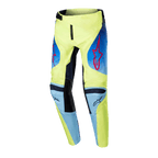 Alpinestars 2024 Youth Racer Hoen Hose, Jugend-Motocross-Hose, Gelb Fluo und Blau Night Navy, mit roten Alpinestars Stern-Logos, dunkelblauen Panels und schwarzen verstärkten Knien, sportliches Design für Offroad-Rennen