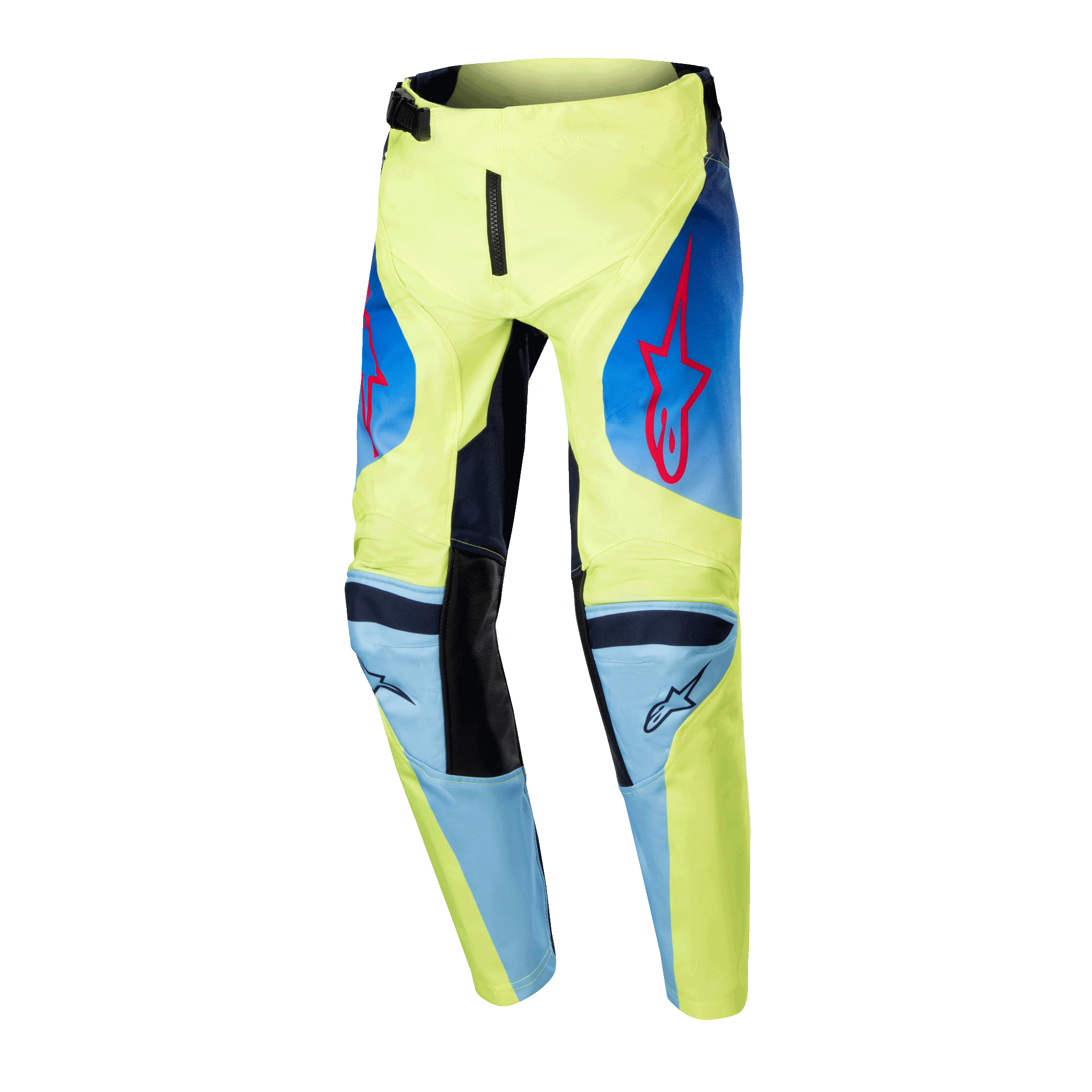 Alpinestars 2024 Youth Racer Hoen Hose, Jugend-Motocross-Hose, Gelb Fluo und Blau Night Navy, mit roten Alpinestars Stern-Logos, dunkelblauen Panels und schwarzen verstärkten Knien, sportliches Design für Offroad-Rennen